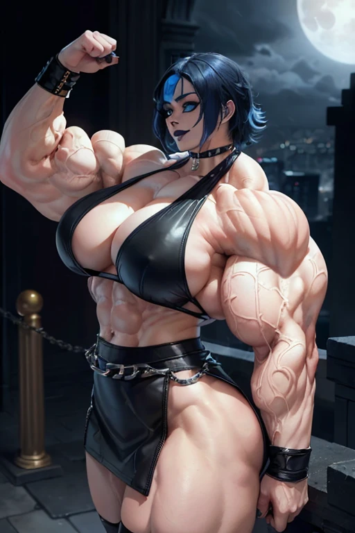 (((((Massive, beautiful, pale white skinned, buff, muscular woman with royal blue hair, black lipstick, glowing white eyes, ginormous bulky muscles and wearing a black halter top and leather pencil miniskirt))))), (close view), (massive muscles), massive biceps, hyper muscle shoulders, vascular shoulders, hyper muscle triceps, (long wavy curly hair), white glowing eyes, (wristbands), pencil miniskirt, chain belt, choker, thigh high heels, (in a moonlit city), fingerless gloves, closed smile, night, hyper vascular arm, hyper muscles arms, hyper muscle legs, massive arms.