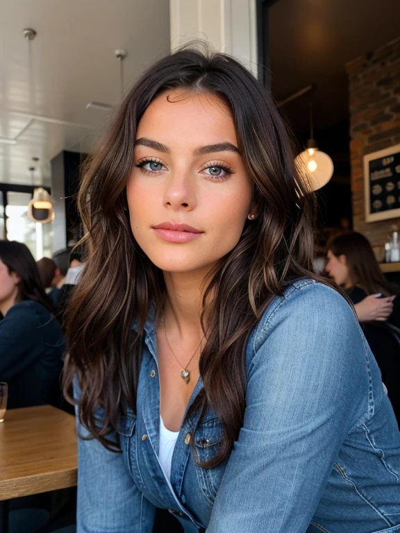 Belle brune aux reflets blonds portant un pull à col roulé ????, Blue Jeans, sitting in a cafe, very detailed, 22 ans, seins, Visage innocent, natural wavy hair, yeux bleus, high resolution, chef-d&#39;artwork, Best quality, Intricate details, very detailed, Sharpness, detailed skin, texture de peau réaliste, texture, detailed eyes, professionnel, 4k, Sourire charmant, shot with Canon, 85mm, faible profondeur de champ, Kodak Vision Couleur, corps parfaitement ajusté , Extremely detailed, la photographie_\(ultra\), photorealistic, Realistic, Post-traitement, Maximum details, roughness, vrai vie, ultra realistic, photorealism, la photographie, 8K UHD, la photographie, gros seins,latine