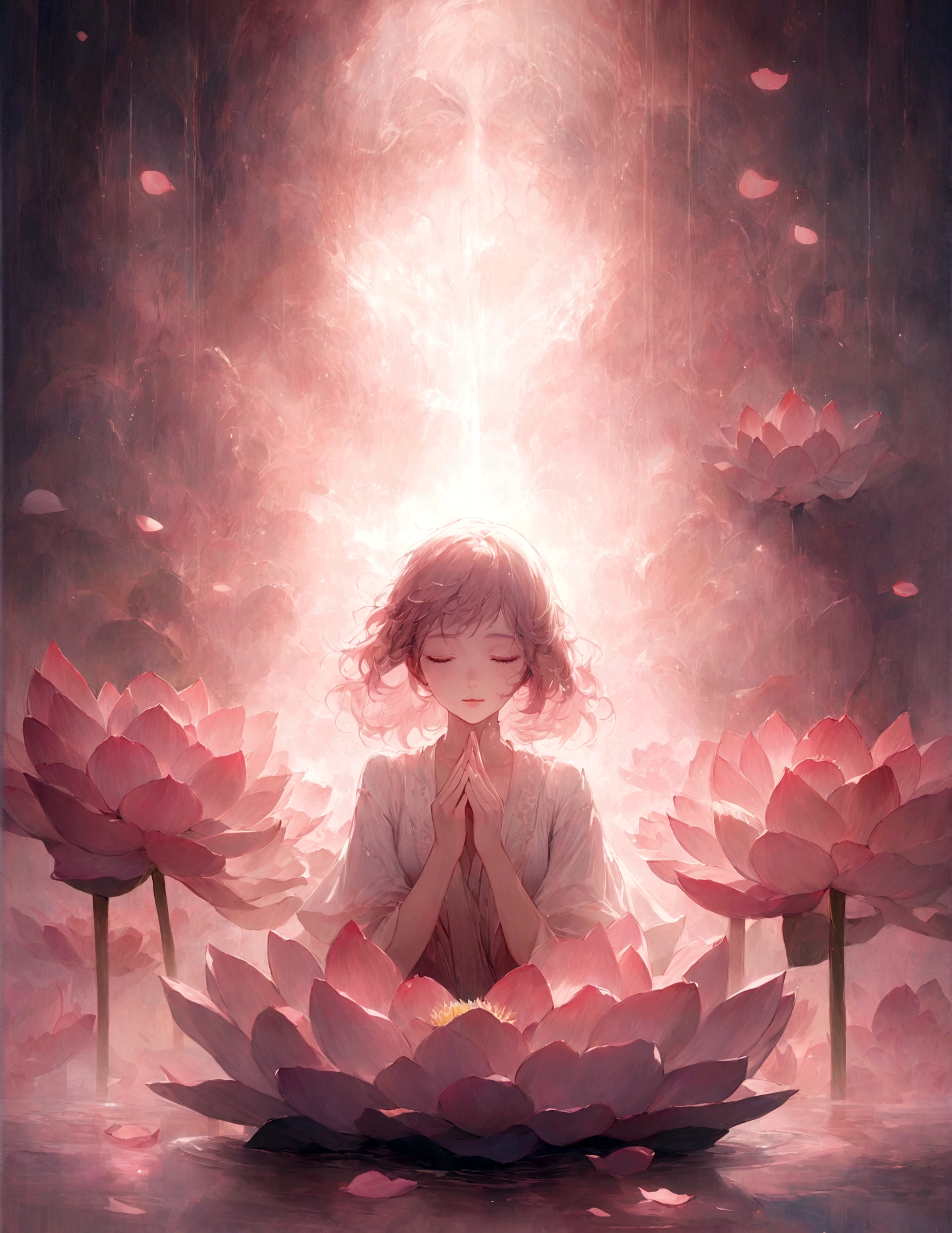 "A premium high-resolution photograph showcasing a graceful woman in a lotus pose, surrounded by giant, pale pink lotus flowers that seem to float in a dreamy mist. The colors are soft and ethereal, with an emphasis on pale pinks, whites, and pastels. The lighting is soft and diffused, creating a sense of peace and tranquility. The photograph has a mysterious and enigmatic mood and feeling, focusing on inner peace and serenity. The woman's face shows tranquility, and her eyes are closed, reflecting inner calmness. The photograph should be rich in detail, with exquisite lotus petals, mist, and lighting, highlighting composition with the woman placed in the center of the image, creating balance and a relaxing, peaceful feeling for the viewer."