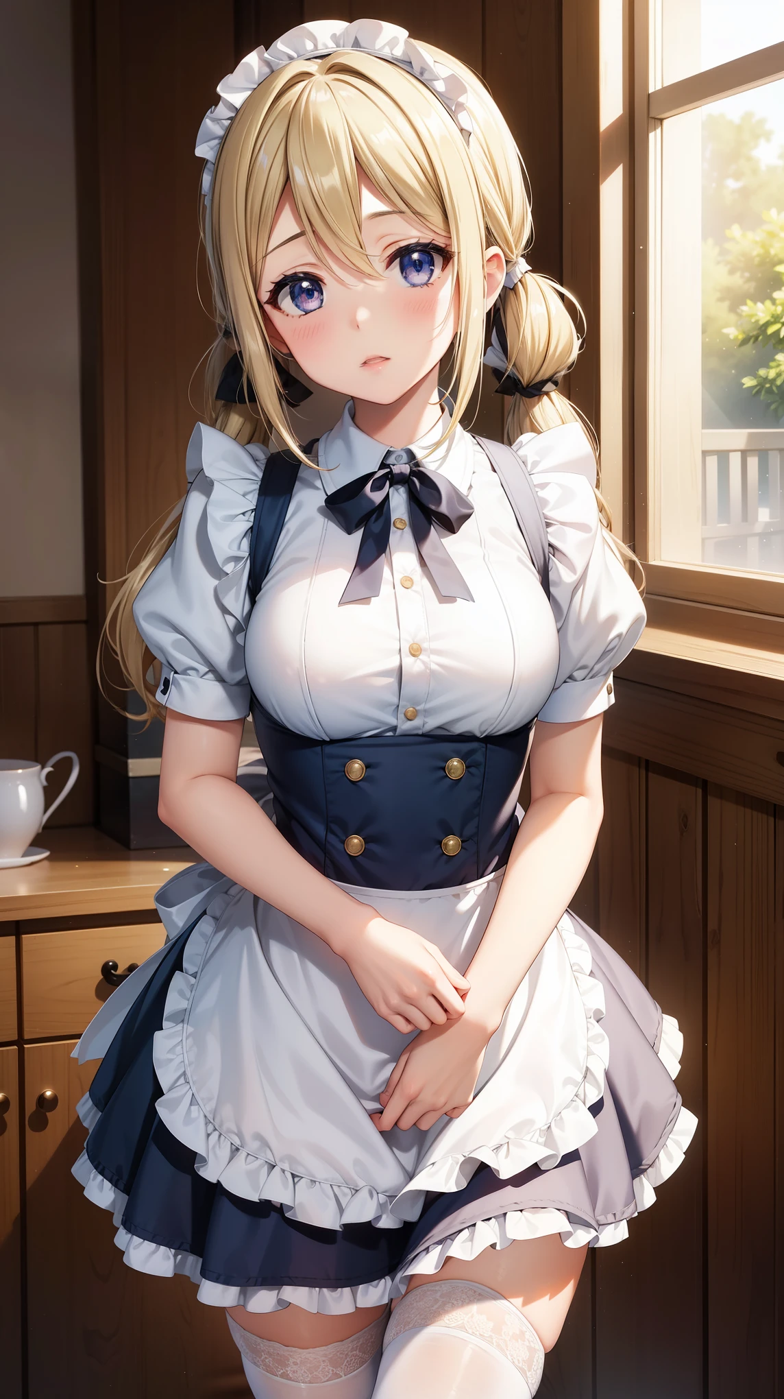 1girl, natural lighting, masterpiece, highly detailed, illustration, game CG, absurdres, high quality, beautiful detailed eyes, glossy lips, natural lighting, medium breasts, blonde hair, low twintails, short twintails, bangs, hair between eyes, arisa ayase, aahiyori, maid, short puffy sleeves, white thigh highs, small maid apron