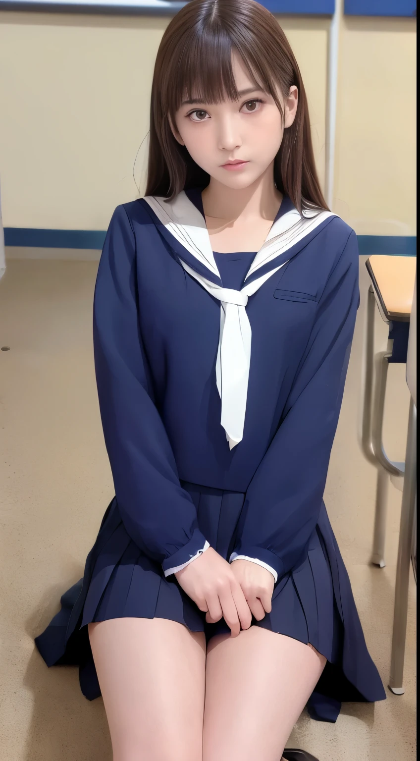 highest quality,Very detailed,masterpiece,Hentai Realism,Unusual photos,Bright lighting,One Girl, Very beautiful 17 year old girl, (cute:1.6),A faint smile, (Brown eyes),(Dark brown hair),(With bangs),Perfect glowing skin,Perfect Skin,((erotic,Sexy and sexually explicit)),((Accurate Pointer,No discomfort)), Big ample breasts,Big Breasts, Tight waist, View your viewers,((Blazer uniform)),((Long sleeve uniform white shirt)),(Navy blue tie),(Navy blue mini skirt、No slits),(((Lift the skirt with your own hands))),(I lifted it myself),(She shows her panties.),Lace and black panties,Panty Focus,(get up,Spread your legs)), socks, (Black socks),(Loafer shoes), Daytime,School、classroom、There are desks lined up in the classroom.,School Chair、