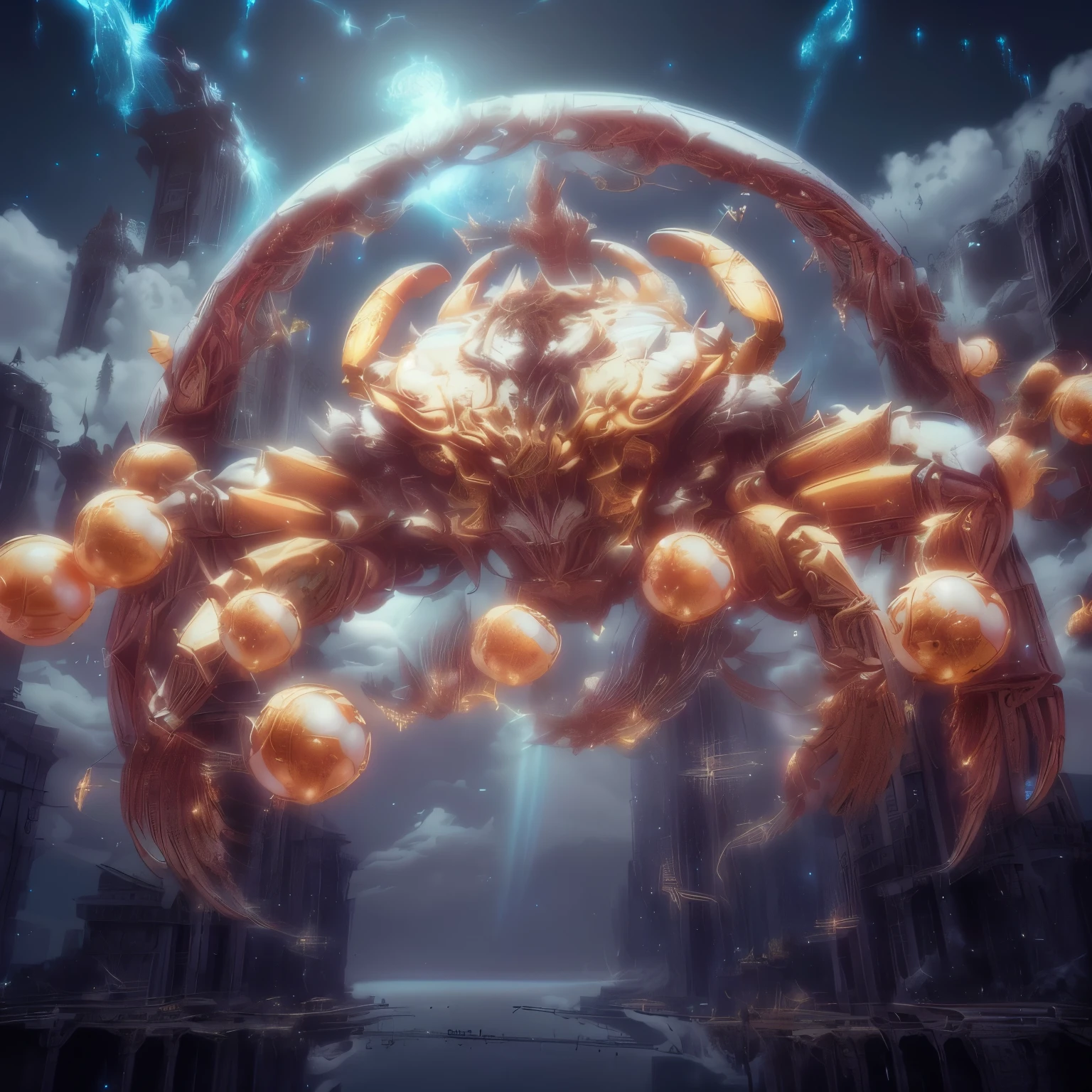 Crab god with golden stripes and pearl white border The large claws surrounded by electricity were a force to be reckoned with. Its white aura radiated a divine status. The Crab God is a majestic figure towering over the city. Its huge claws were surrounded by electricity, displaying a dazzling display. The air was filled with electricity, adding to the divine aura that surrounded this magnificent creature.