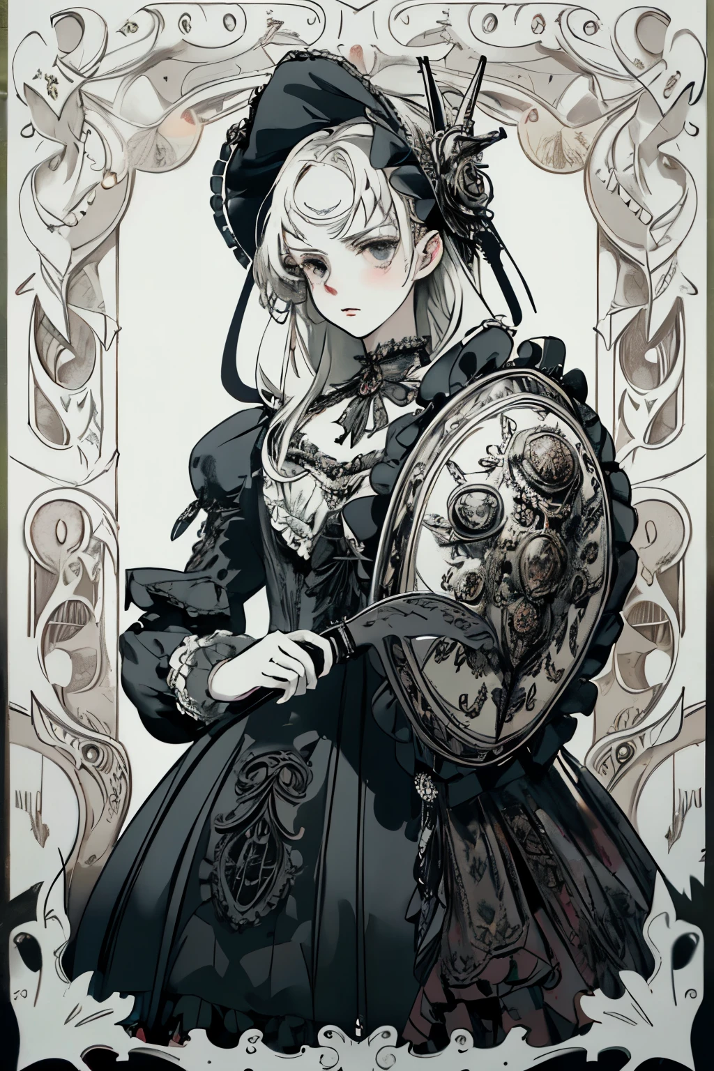 ((best quality)), ((masterpiece)), (detailed), perfect face ((best quality)), ((masterpiece)), (detailed), blank white background, plain background, white background, victorian era inspired floral background, Bloodborne inspired,  occult aesthetic, occult, detailed and intricate steampunk and detailed gothic, (zentangle, mandala, tangle, entangle),  NSFW, torn clothing, Very dramatic and cinematic lighting, cosmic horror, grim-dark, side-lighting, perfect face, a beautiful goddess adorned and enshrined in armour, Bloodborne inspired , occult aesthetic , occult , detailed and intricate steampunk and detailed gothic , wielding a sword and holding a shield, NSFW, Fluttering lace flared short dress with frilly petticoats, knee length dress, pleated petticoats, lolita dress, petticoats gothic lolita, side-lighting, gothic lolita aesthetic, beautiful small breasts, small breasts, full body, whole body, body, plain background, white background, blank background, no background, white background NSFW, full body, whole body, head-to-toe