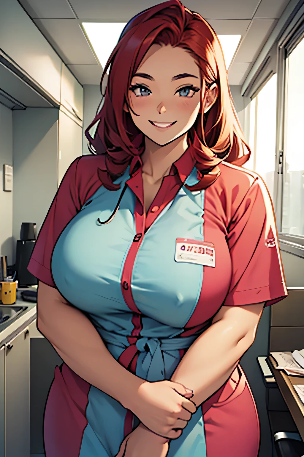 big fat obese woman nurse, hospital worker, redhair, smiling, view full chest