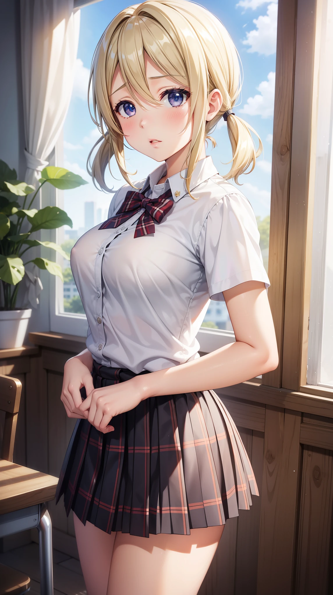 1girl, natural lighting, masterpiece, highly detailed, illustration, game CG, absurdres, high quality, beautiful detailed eyes, glossy lips, natural lighting, medium breasts, blonde hair, low twintails, short twintails, hair between eyes, arisa ayase, aahiyori, short hair, standing, annoyed, school, white shirt, plaid pleated miniskirt