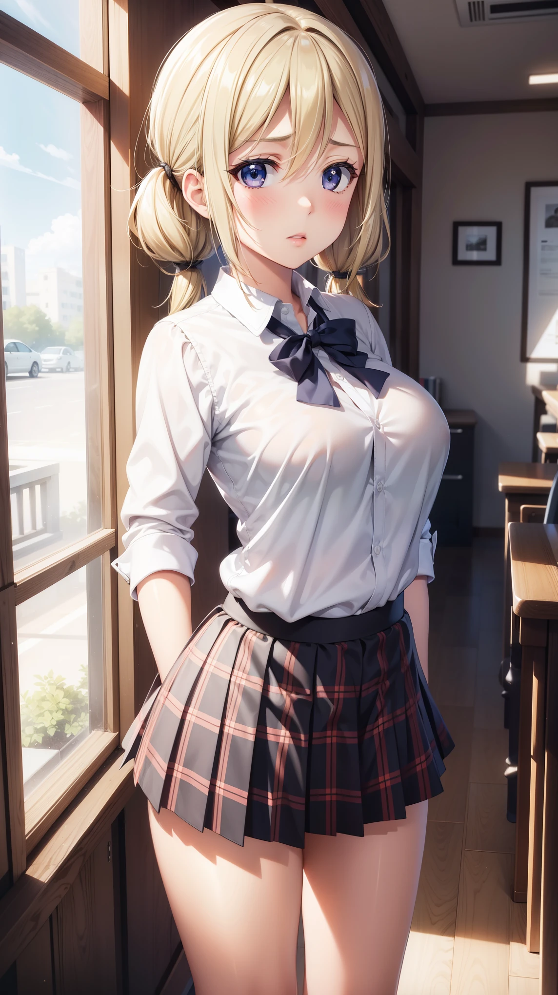 1girl, natural lighting, masterpiece, highly detailed, illustration, game CG, absurdres, high quality, beautiful detailed eyes, glossy lips, natural lighting, medium breasts, blonde hair, low twintails, short twintails, hair between eyes, arisa ayase, aahiyori, short hair, standing, annoyed, school, white shirt, plaid pleated miniskirt