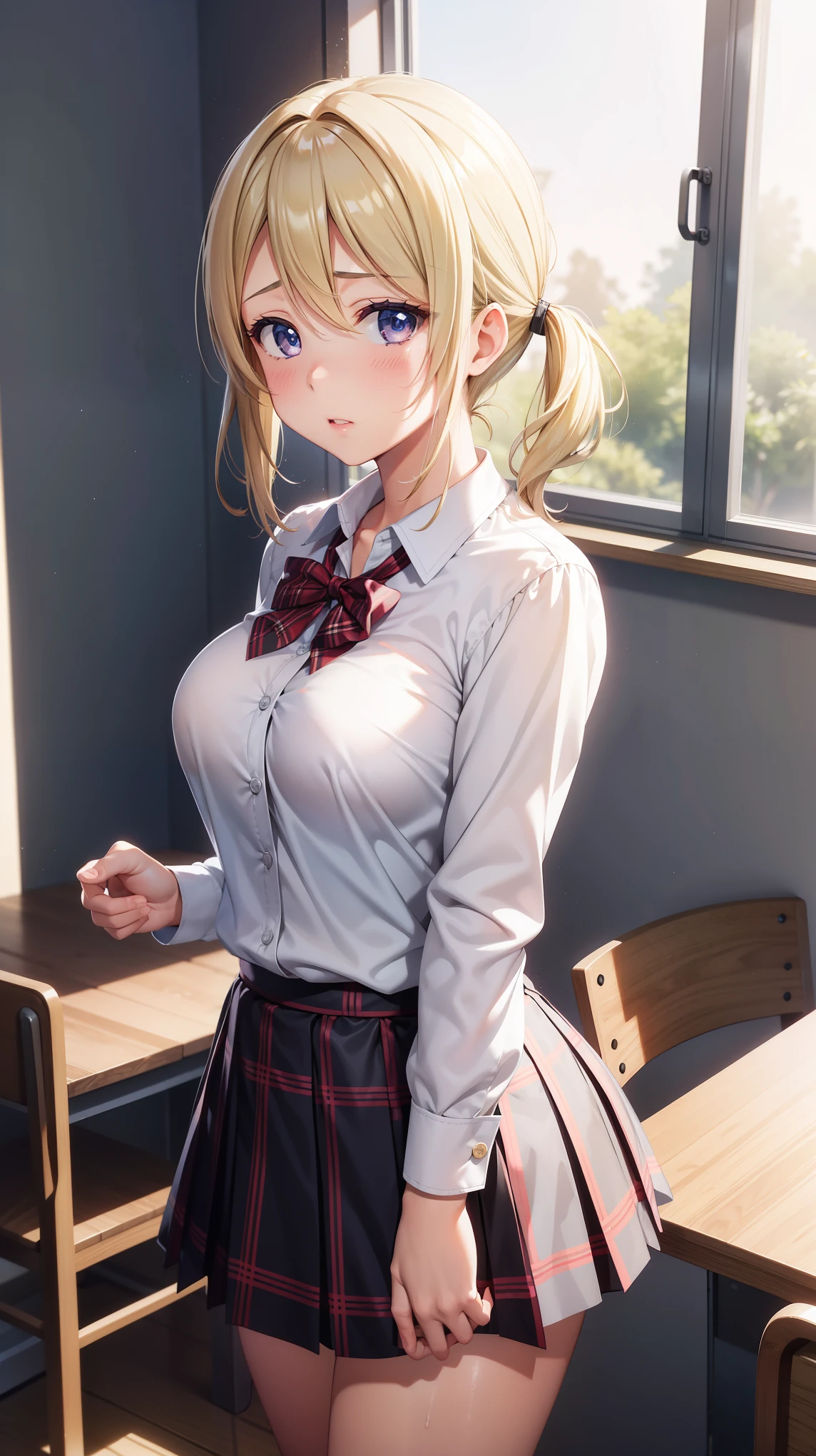 1girl, natural lighting, masterpiece, highly detailed, illustration, game CG, absurdres, high quality, beautiful detailed eyes, glossy lips, natural lighting, medium breasts, blonde hair, low twintails, short twintails, hair between eyes, arisa ayase, aahiyori, short hair, standing, annoyed, school, white shirt, plaid pleated miniskirt