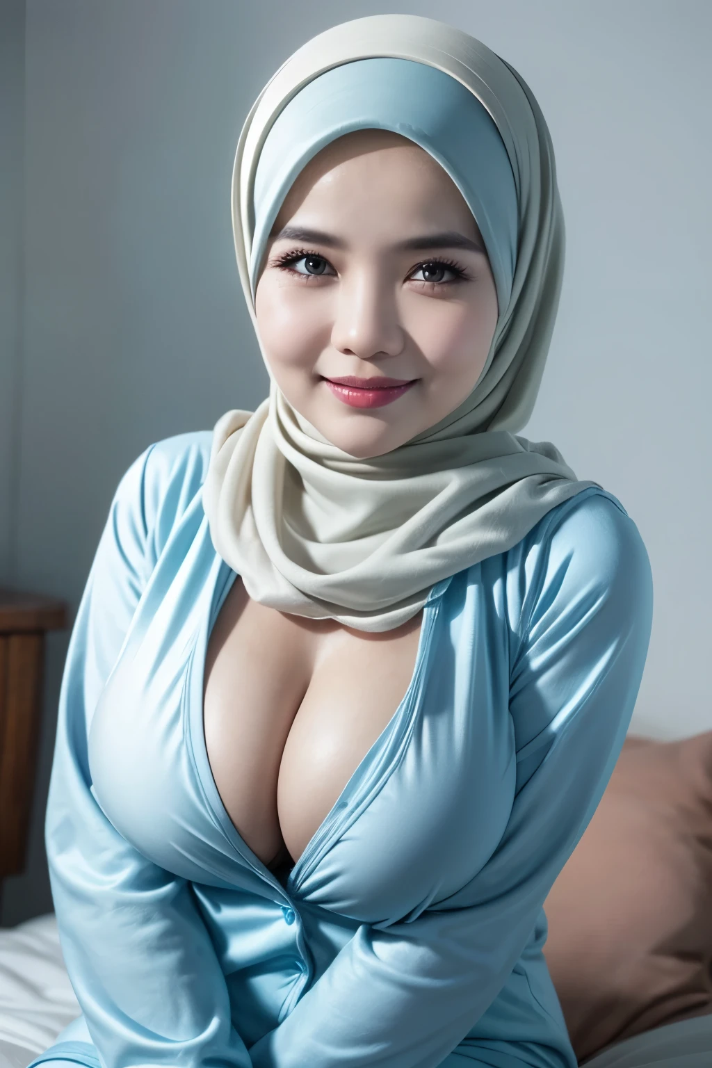 ((Old lady:1.3)), (((HIJAB))), matured malay woman in hijab wearing sexy satin light blue color pajamas portrait photography, mid shot photo, ultra detail, professional photograph with professional lighting, smile, light blue studio background, sexy seducing pose, curvy, (((BOOBS)))