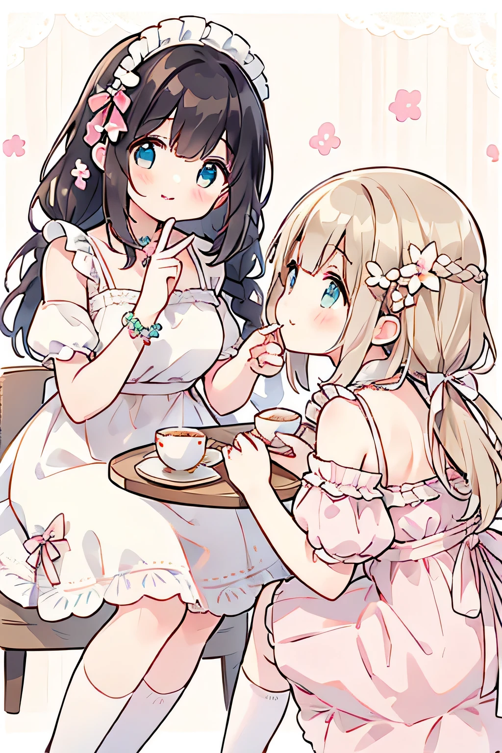 highest quality、High resolution、Detailed Background、(Beautiful face in every detail:1.4)、Anatomically correct、(Detailed facial expressions)、(Detailed eyes:1.2)、(Detailed eyes:1.2)、Teenage beauty、(Three Women)、(Highly detailed face:1.4)、cute hair color、Braided bob cut、Braided Ponytail、cute hairstyle、well-groomed eyebrows、Happy expression、A big smile、laughing、smile、A fun atmosphere、Cowboy Shot、Show upper body、

(Two girls are eating cake in a cute cafe:1.5)、

Ruffled or lace blouses、Bowtie camisole、flare skirt、Ribbon and flower motif hair accessories、
Choose sweet colors and designs、A neat and cute atmosphere、cute