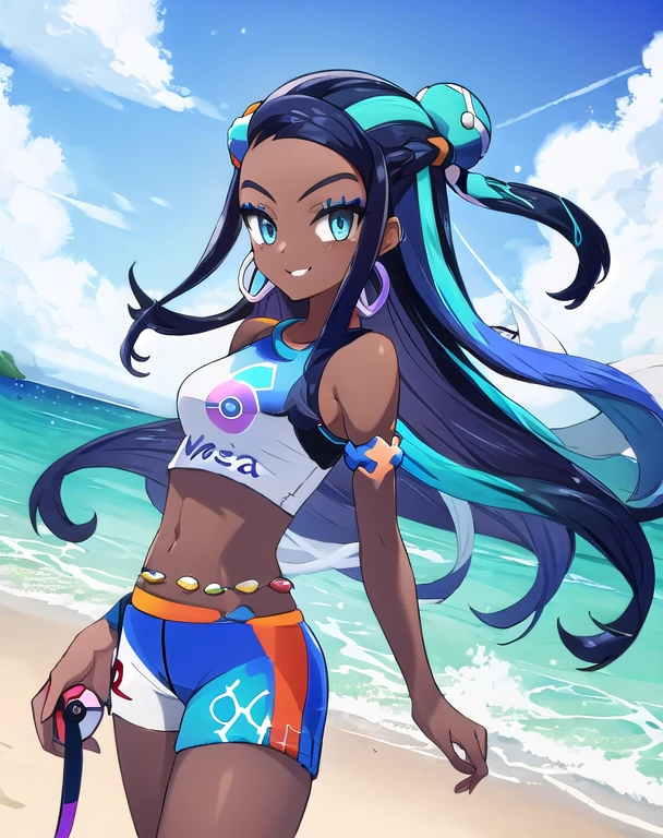masterpiece, best quality, highly detailed, 1girl, solo, (nessa_pokemon:1.3), dark-skinned female, dark skin, blue eyes, aqua eyes, long hair, black hair, blue hair, aqua hair, multicolored hair, two-tone hair, hair bun, single hair bun, eyeshadow, seductive smile, shorts, crop top, tankini, belly chain, single glove, midriff, sandals, standing, (holding a poke ball:1.2), cowboy shot, beach