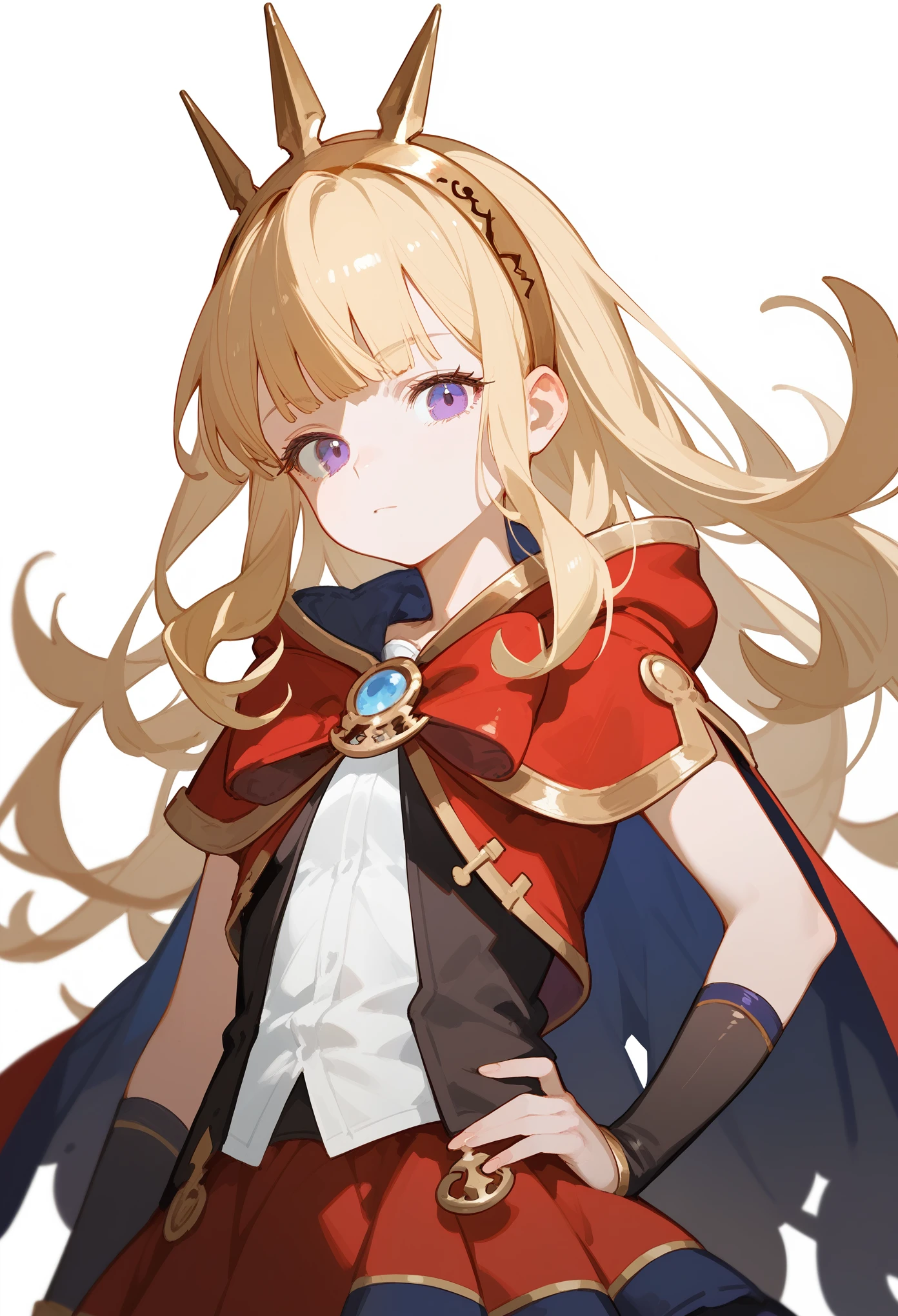 (score_9, score_8_up, score_7_up), 1girl, gbf-cagliostro, blonde hair, purple eyes, hairband, cape, ribbon, default outfit, hands on hip, perfect hands small breasts, belt, thigh highs, thighs, skirt, looking at viewer, cute smile,  black background, simple background