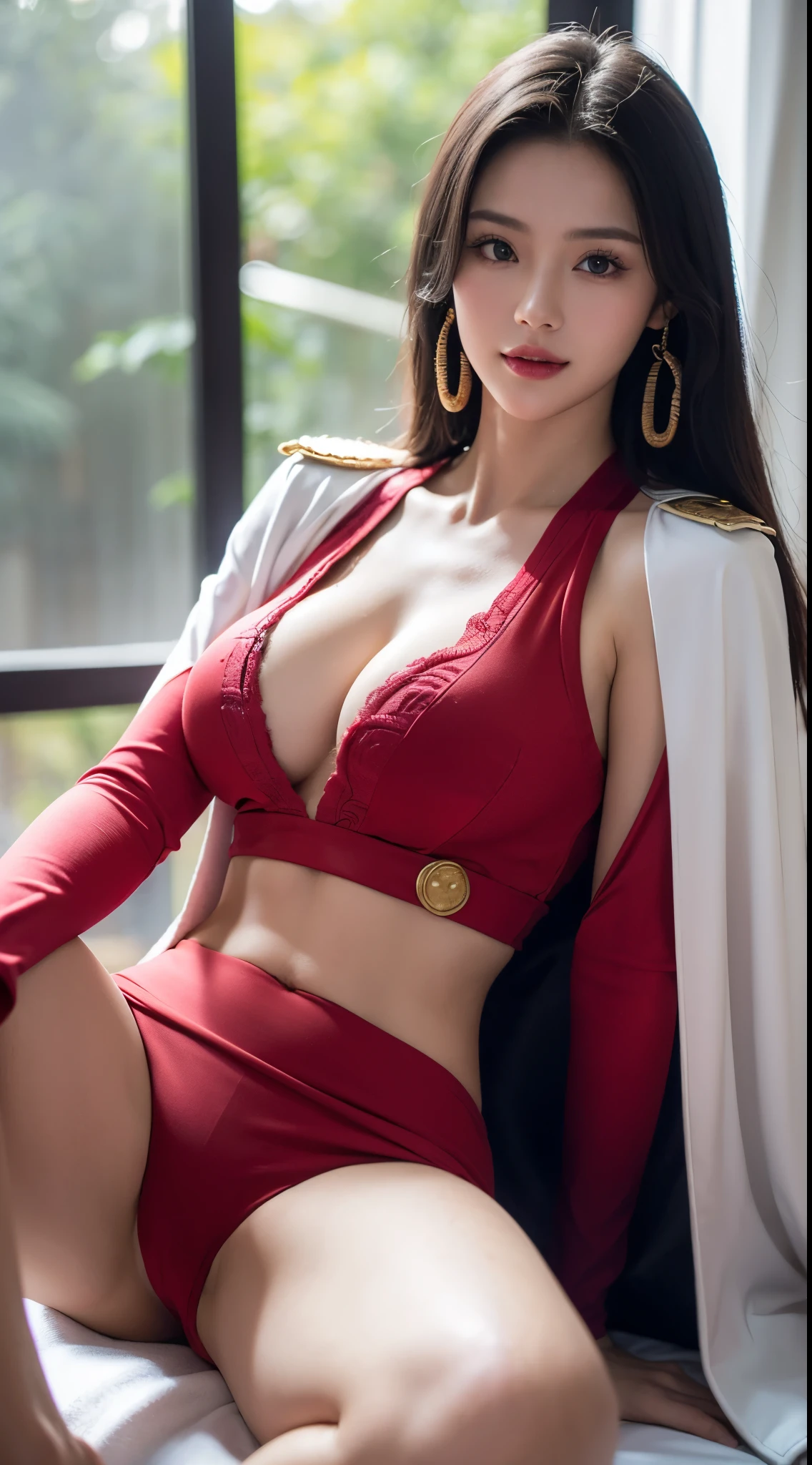 Naked, nude , 1girl, masterpiece, (extremely intricate:1.2), woman, ultra detailed, finely detailed face, extremely detailed face,  pale skin, sexy,  large breast, high quality, best quality, realistic, ultra realistic, photorealistic, beautiful delicate eyes, highest quality, highres, Raw Photo, 8k, detailed eyes, highest resolution,  (exquisitely detailed skin), light smile, curvy, calm lighting, perfectly drawn eyes, sexy pose, ((deep dark, night, dark theme:1.1)), depth of field, (((hancock1, boa hancock, large breasts, epaulettes, cape, red crop top, side slit, cowboy shot, sitting, (pussy:0.75), spreading legs, ))), large breasts, 