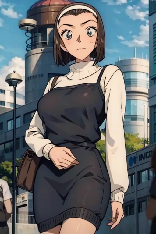 masterpiece, 16k, Japanese, 1 female ,60 years old ,(((White long sleeve warp knit sweater:1.5,Wear a black two-corner camisole long dress:1.2))) ,(Big Breasts:1.5) , Realistic, double eyelid, Textured skin, 1080p, Canon, 8k, Very detailed, Accurate, highest quality、impatience、Sweat:1.5、blush、Embarrassed face、smile、(Tight waist、Big Ass)