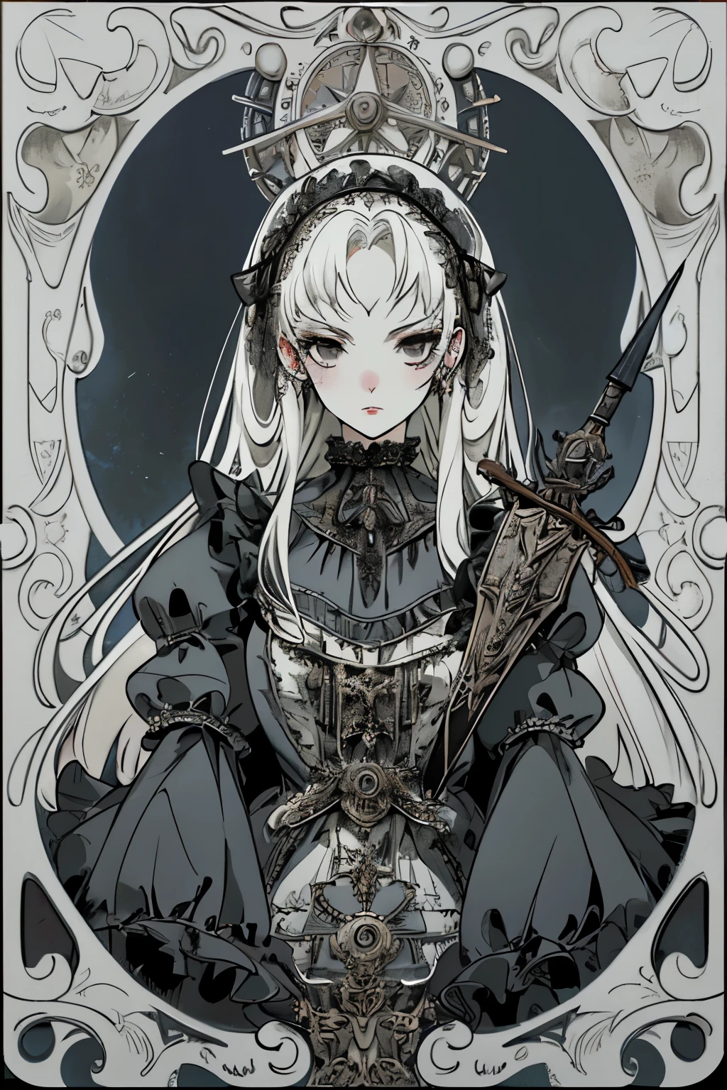 ((best quality)), ((masterpiece)), (detailed), perfect face ((best quality)), ((masterpiece)), (detailed), blank white background, plain background, white background, victorian era inspired floral background, Bloodborne inspired,  occult aesthetic, occult, detailed and intricate steampunk and detailed gothic, (zentangle, mandala, tangle, entangle),  NSFW, torn clothing, Very dramatic and cinematic lighting, cosmic horror, grim-dark, side-lighting, perfect face, a beautiful goddess adorned and enshrined in armour, Bloodborne inspired , occult aesthetic , occult , detailed and intricate steampunk and detailed gothic , wielding a sword and holding a shield, NSFW, Fluttering lace flared short dress with frilly petticoats, knee length dress, pleated petticoats, lolita dress, petticoats gothic lolita, side-lighting, gothic lolita aesthetic, beautiful small breasts, small breasts, full body, whole body, body, plain background, white background, blank background, no background, white background NSFW, full body, whole body, head-to-toe