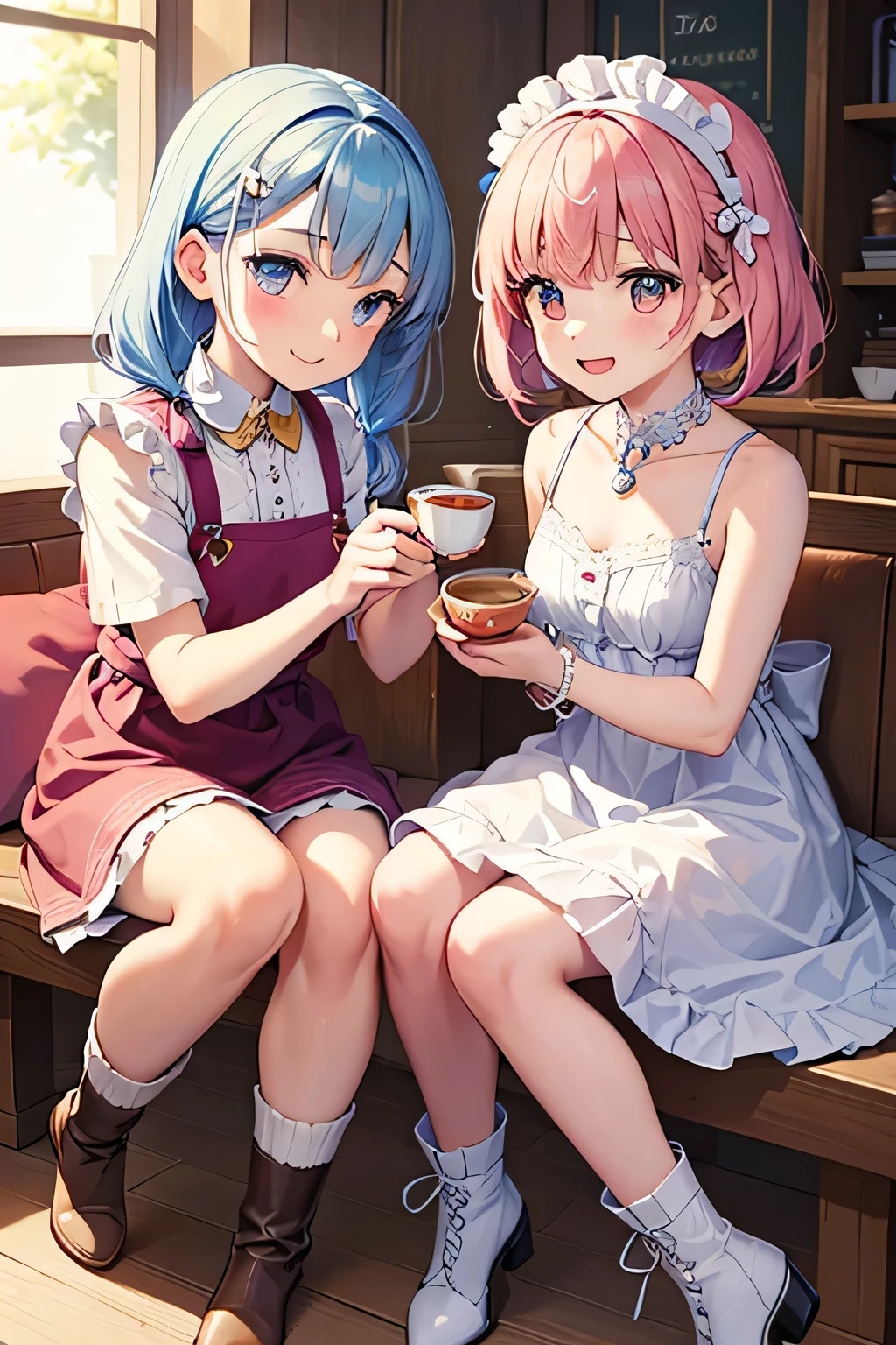 highest quality、High resolution、Detailed Background、(Beautiful face in every detail:1.4)、Anatomically correct、(Draw the usual number of fingers:1.2)、(Hide your fingers:1.3)、(Detailed facial expressions)、(Detailed eyes:1.2)、(Detailed eyes:1.2)、age beauty、(Three Women)、(Highly detailed face:1.4)、Cute hair colour、Braided Ponytail、Bobcut、Braided long hair、Wavy Hairstyle、well-groomed eyebrows、Cute Eye Makeup、Cute Lip Makeup、Calm atmosphere、Happy expression、smile、Laughter、Tea time at the cafe、
(Two women enjoying tea time in a cute cafe:1.5)、
Flared silhouette dress、Camisole dress with frills and lace、
A-line dress with ribbon and flower motif、pink、Pastel Blue、Soft colors such as lavender、white、A clean base color such as beige、
Ribbon and flower hair accessories、Pearl and jewel necklaces、bracelet、
Lace bag、Pumps with ribbon、Suede or velvet short boots、
It's gorgeous but also feminine.