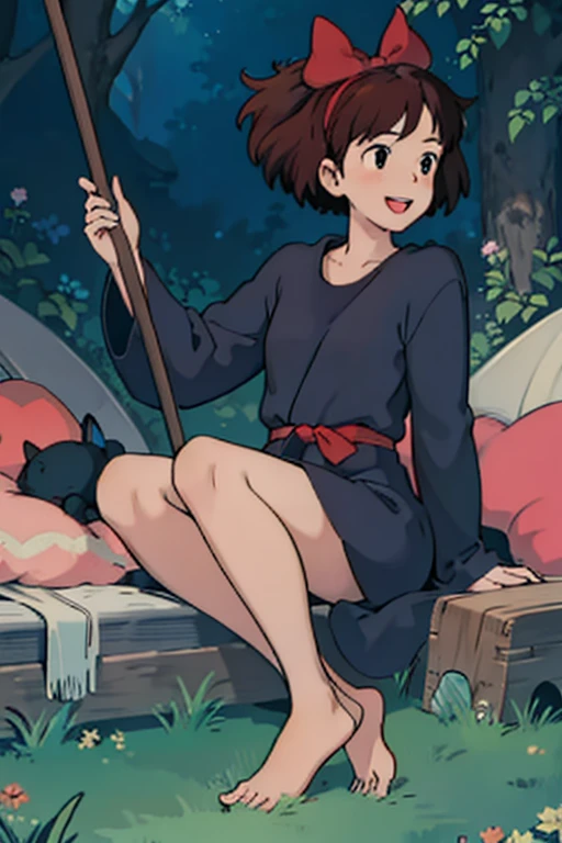 Ghibli style,Kiki , One Girl, naked、spread:1.5、 take off your white underwear、Kiki's Delivery Service,Big Breasts, Showing nipples:1.5、Full nudity、Masturbation、Insert、Excited、broom、Show off dark pubic hair、Spread your legs:1.5、Spread your legs、Open Majora、 floating hair, forest, Look at the viewers, outside of home, Medium Hair, ((masterpiece)),