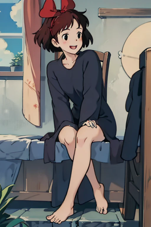 （masterpiece1.4），（best qualtiy:1.4），（A high resolution1.4), girl， Kiki， Black robe， Redhead bow，The story begins in a high school where a group of students gather and discuss the importance of morality, a 13 year old girl, smile, barefoot,