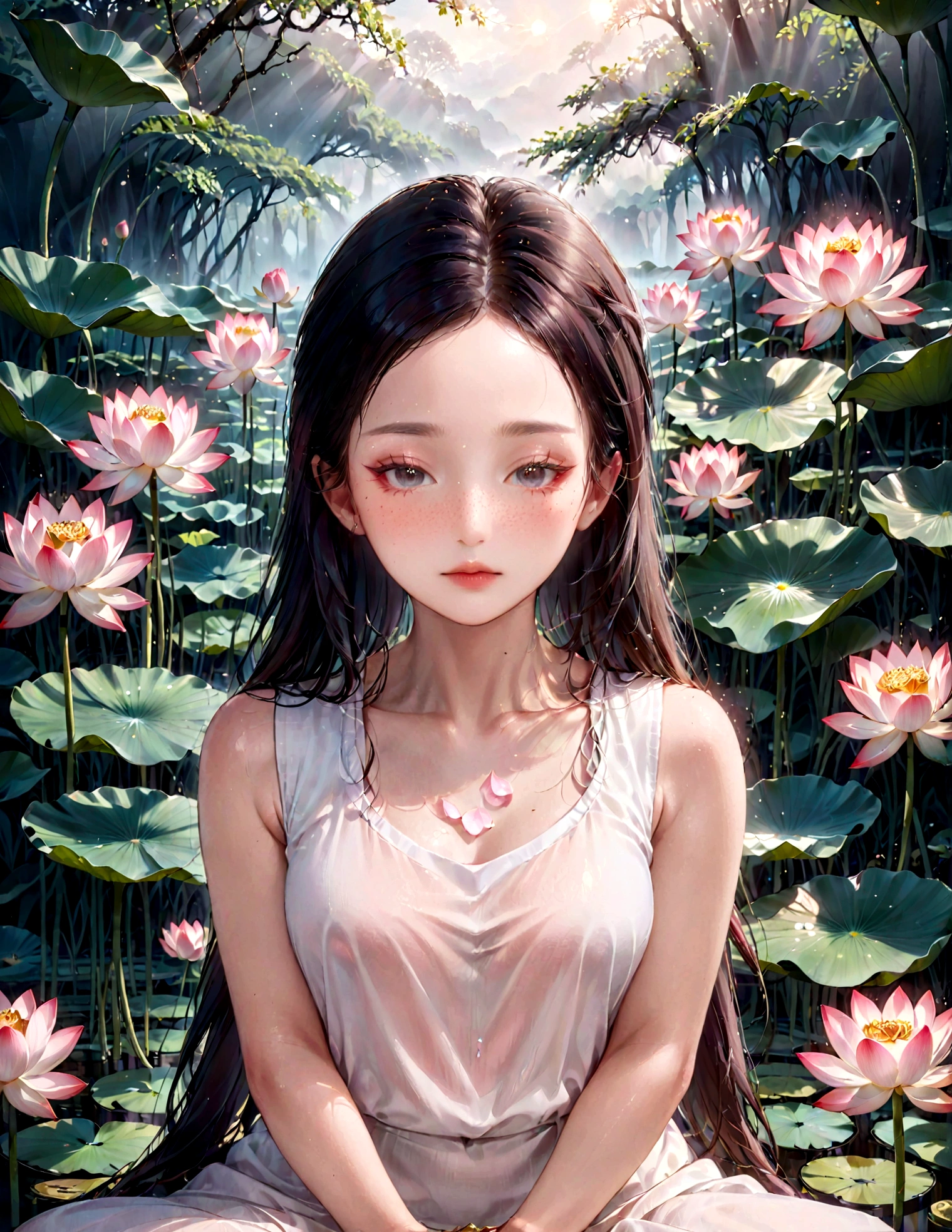 "A premium high-resolution photograph showcasing a graceful woman in a lotus pose, surrounded by giant, pale pink lotus flowers that seem to float in a dreamy mist. The colors are soft and ethereal, with an emphasis on pale pinks, whites, and pastels. The lighting is soft and diffused, creating a sense of peace and tranquility. The photograph has a mysterious and enigmatic mood and feeling, focusing on inner peace and serenity. The woman's face shows tranquility, and her eyes are closed, reflecting inner calmness. The photograph should be rich in detail, with exquisite lotus petals, mist, and lighting, highlighting composition with the woman placed in the center of the image, creating balance and a relaxing, peaceful feeling for the viewer."