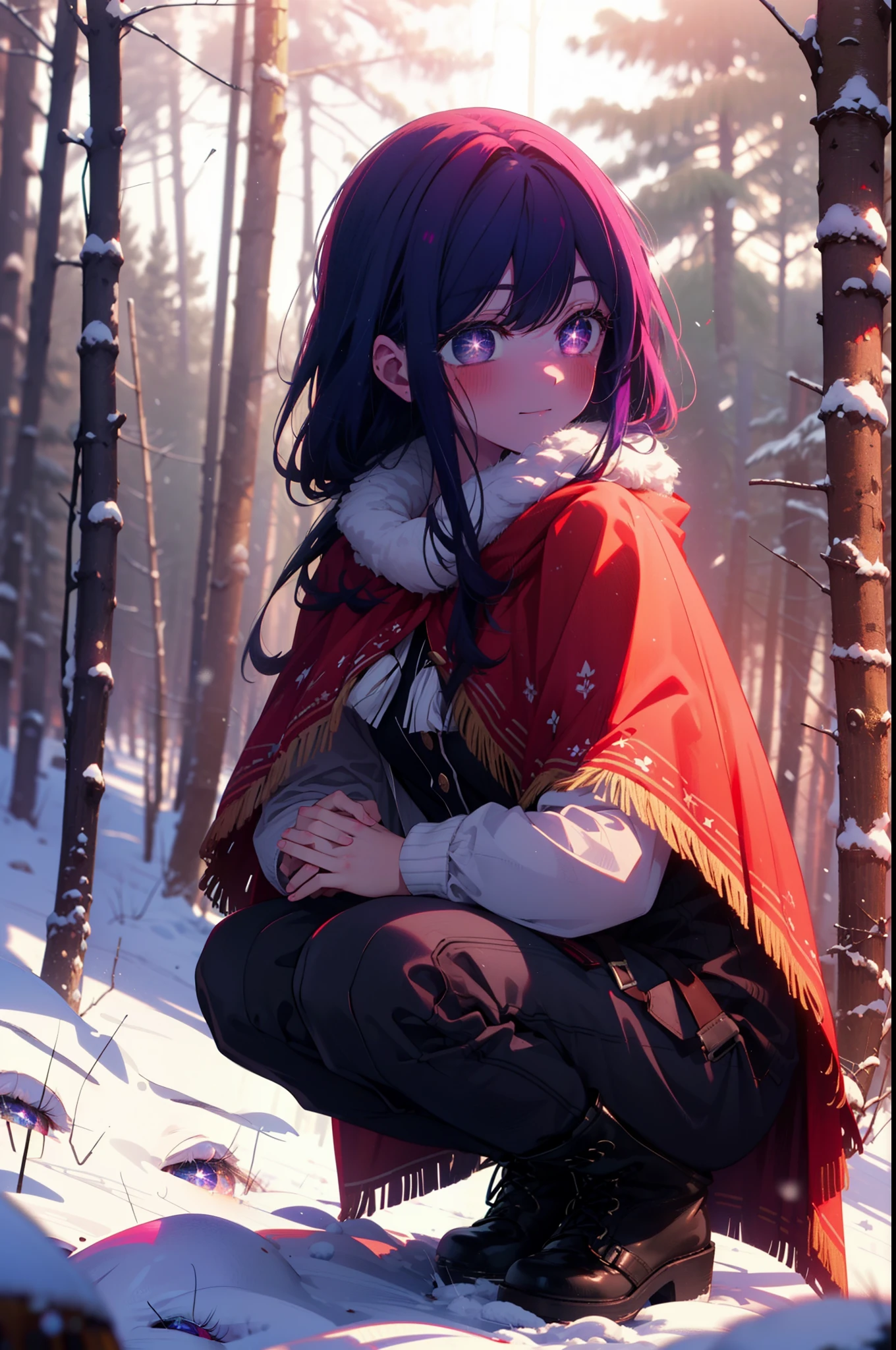 aihoshino, Ai Hoshino, Long Hair, bangs, (Purple eyes:1.1), Purple Hair, (Symbol-shaped pupil:1.5), smile,,smile,blush,White Breath,
Open your mouth,snow,Ground bonfire, Outdoor, boots, snowing, From the side, wood, suitcase, Cape, Blurred, , forest, White handbag, nature, Squat, Mouth closed, Cape, winter, Written boundary depth, Black shoes, red Cape break looking at viewer, Upper Body, whole body, break Outdoor, forest, nature, break (masterpiece:1.2), highest quality, High resolution, unity 8k wallpaper, (shape:0.8), (Beautiful and beautiful eyes:1.6), Highly detailed face, Perfect lighting, Highly detailed CG, (Perfect hands, Perfect Anatomy),
