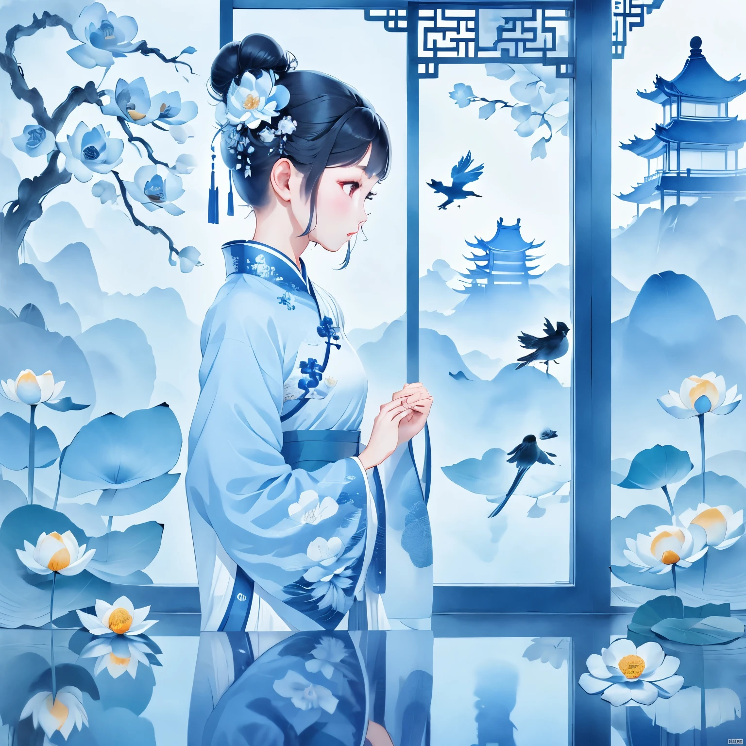 1 Girl, Solitary, Black Hair, Hair accessories, Long sleeve, skirt, Shut up, permanent, whole body, flower, indoors, hair flower, Wide sleeves, Hair Bun, from the side, Tree, window, contour, bird, Chinese clothes, single Hair Bun, white flower, reflection, shawl, architecture, east asian architecture, blue theme, 蓮flower, Hair Bun, Hanfu, lattice, guoflinke, chinese skirt（HD）
