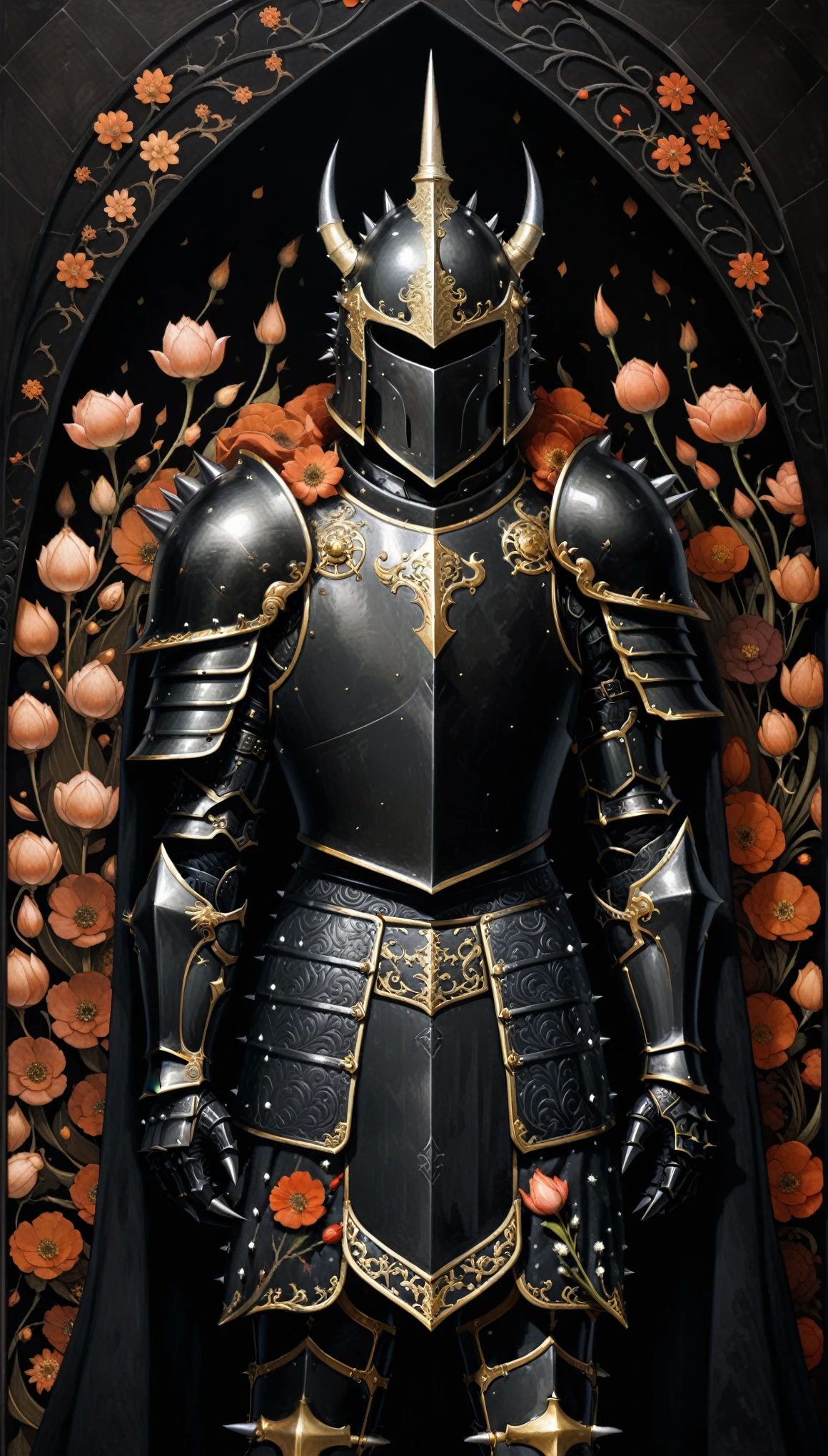 (in style of John Bauer:0.8),(in style of by Liu Ye:0.9),
1 male knight,(black_armor:1.6),romantic flower background,(fantasy style armor:1.3),(sienna and (black:1.5) pane cloak:1.6),
BREAK
beautifully ornate sleek horned helmet,(special shoulder armor with (claw:1.5):1.2),(dregon spiked armor:1.5),
BREAK
(insanely detailed and intricate, hypermaximalist, elegant, ornate, hyper realistic, super detailed:1.1),(dynamic pose:1.3),
(absolutely dark:1.9),(drop_shadow:1.8),(detailed shadows:2.2),made of very bold lines,emphasis lines,perfect lines,infinity lines,utopian style,fantasy style,(lowkey light:1.7),