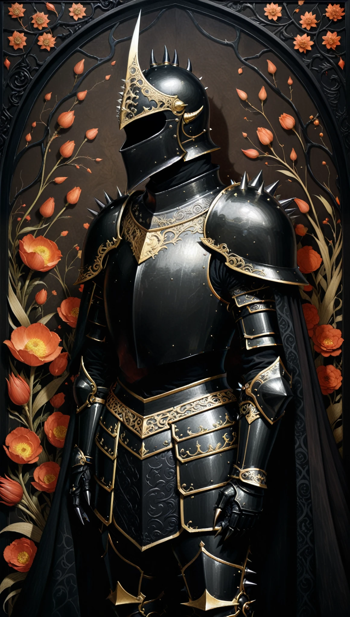 (in style of John Bauer:0.8),(in style of by Liu Ye:0.9),
1 male knight,(black_armor:1.6),romantic flower background,(fantasy style armor:1.3),(sienna and (black:1.5) pane cloak:1.6),
BREAK
beautifully ornate sleek horned helmet,(special shoulder armor with (claw:1.5):1.2),(dregon spiked armor:1.5),
BREAK
(insanely detailed and intricate, hypermaximalist, elegant, ornate, hyper realistic, super detailed:1.1),(dynamic pose:1.3),
(absolutely dark:1.9),(drop_shadow:1.8),(detailed shadows:2.2),made of very bold lines,emphasis lines,perfect lines,infinity lines,utopian style,fantasy style,(lowkey light:1.7),