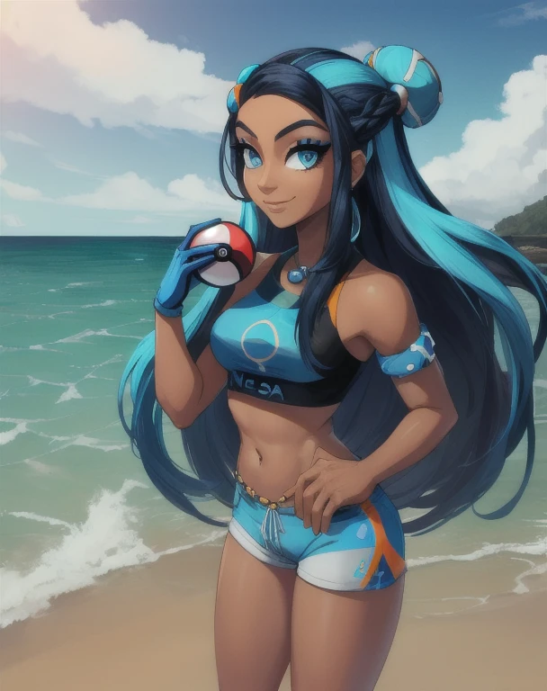 masterpiece, best quality, highly detailed, (Detailed face:1.2), (Detailed eyes:1.2), 1girl, solo, (nessa_pokemon:1.3), dark-skinned female, dark skin, blue eyes, aqua eyes, long hair, black hair, blue hair, aqua hair, multicolored hair, two-tone hair, hair bun, single hair bun, eyeshadow, arrogant smile, shorts, crop top, tankini, belly chain, single glove, midriff, sandals, standing, (holding a poke ball:1.2), cowboy shot, beach
