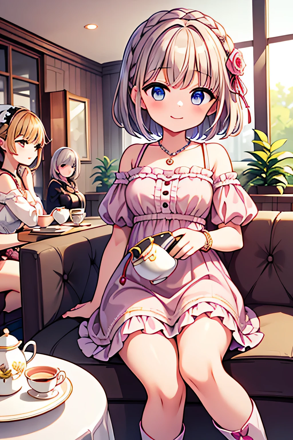 highest quality、High resolution、Detailed Background、(Beautiful face in every detail:1.4)、Anatomically correct、(Draw the usual number of fingers:1.2)、(Hide your fingers:1.3)、(Detailed facial expressions)、(Detailed eyes:1.2)、(Detailed eyes:1.2)、age beauty、(Three Women)、(Highly detailed face:1.4)、Cute hair colour、Braided Ponytail、Bobcut、Braided long hair、Wavy Hairstyle、well-groomed eyebrows、Cute Eye Makeup、Cute Lip Makeup、Calm atmosphere、Happy expression、smile、Laughter、Tea time at the cafe、
(Two women enjoying tea time in a cute cafe:1.5)、
Flared silhouette dress、Camisole dress with frills and lace、
A-line dress with ribbon and flower motif、pink、Pastel Blue、Soft colors such as lavender、white、A clean base color such as beige、
Ribbon and flower hair accessories、Pearl and jewel necklaces、bracelet、
Lace bag、Pumps with ribbon、Suede or velvet short boots、
It's gorgeous but also feminine.