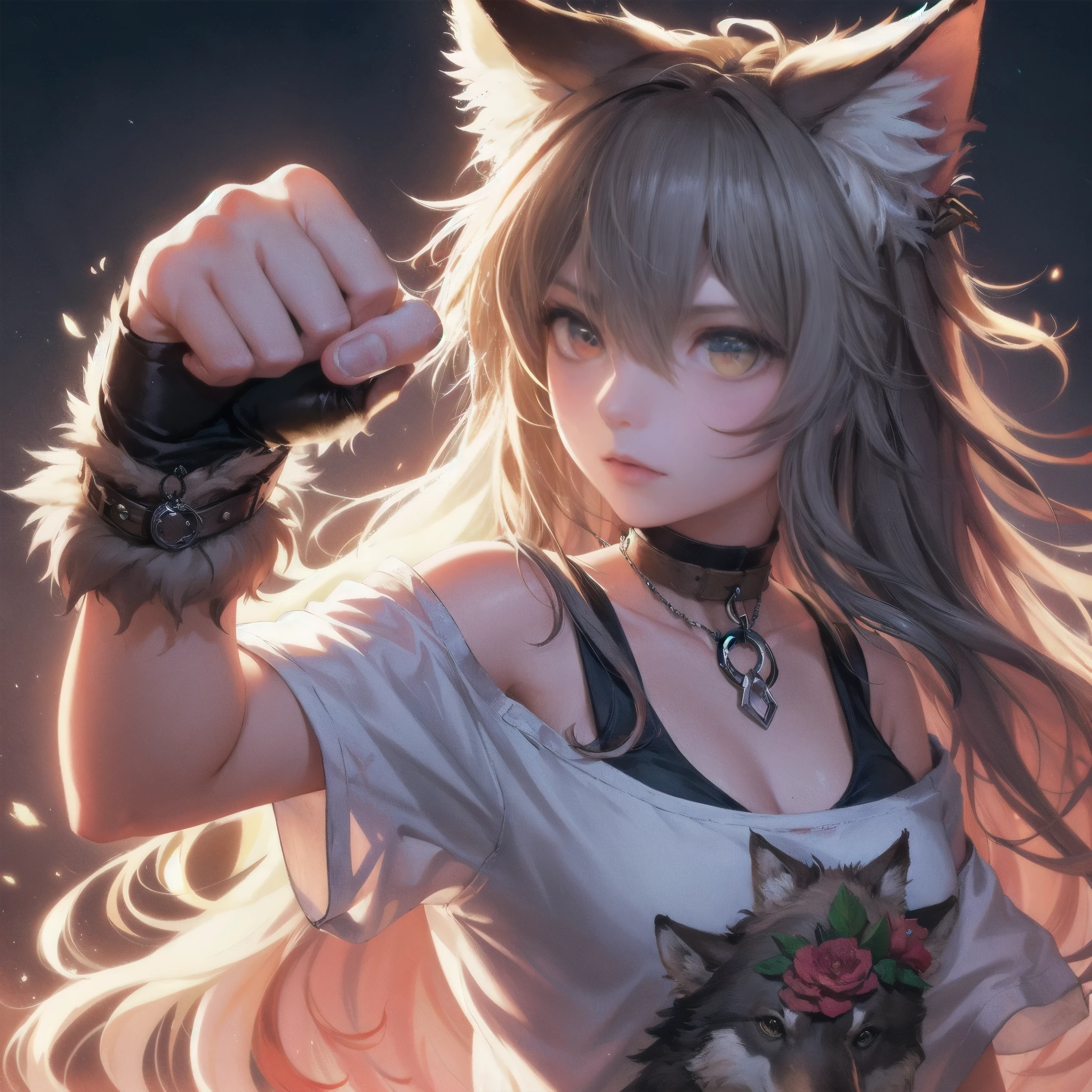 A fantasy Wasteland battles hand-in-hand through a wasteland full of pitfalls. The camera zooms in on the girl, capturing her determination. The cool girl, with wolf ears,wolf tail, wears thin leather armor and dark cloak. As the zoom progresses, the focus shifts to her hands, highlighting the worn and weathered textures that symbolize her journey and the hardships she has endured. This message is realized in a mixed-media sculptural style, combining elements of metalwork and textile art to represent the characters and their resilience in three-dimensional form.
