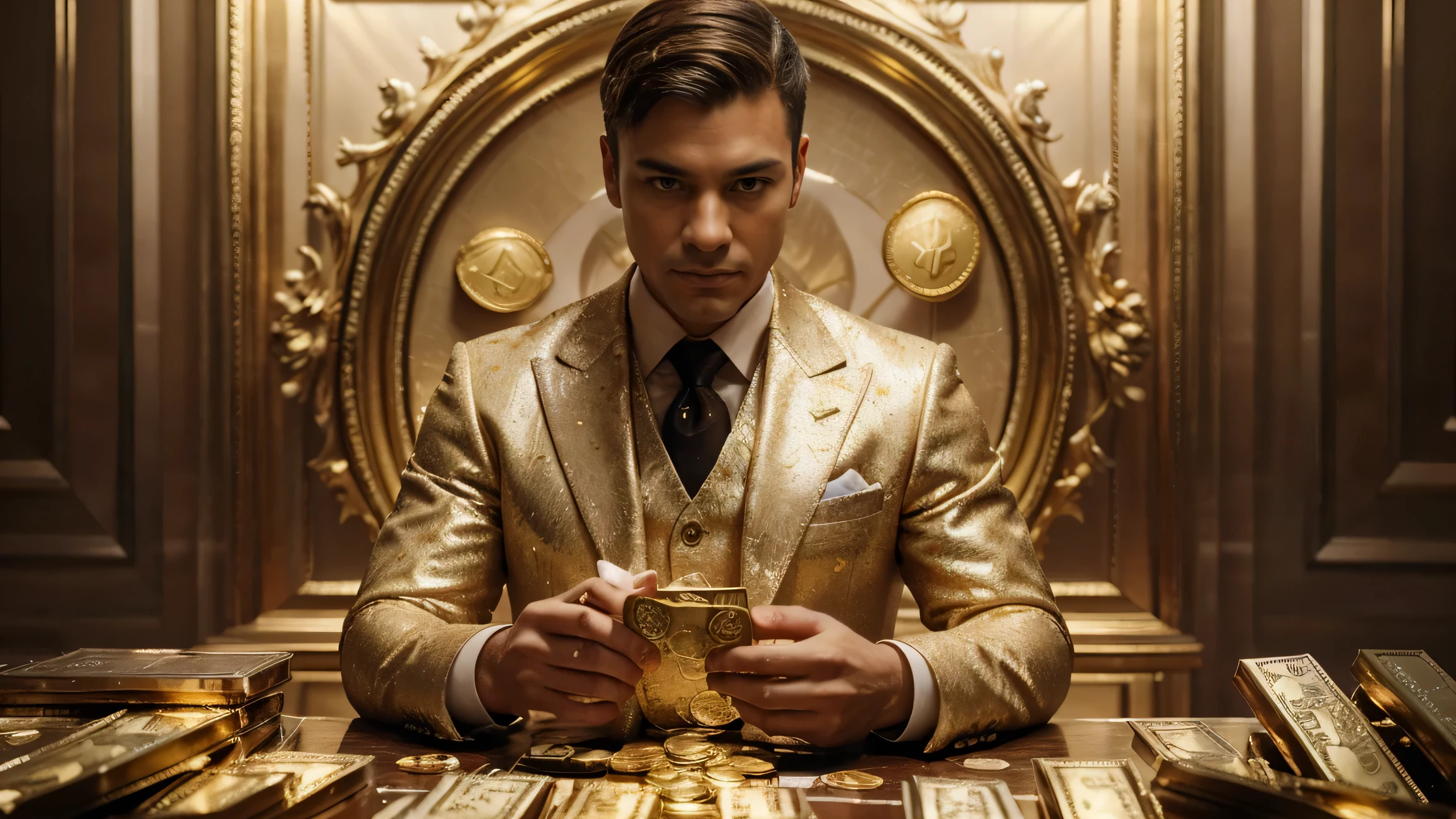 A detailed painting of a person in a suit, surrounded by a flurry of dollar bills and gold bars, gold coins, ultra realistic image, hyper detailed skin, 8k image.