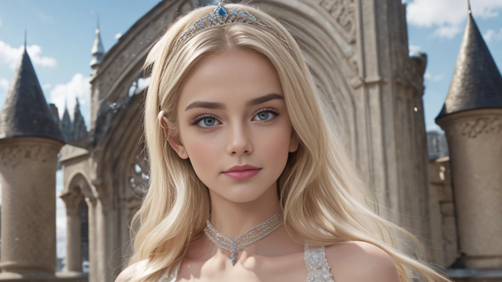 blonde with tiara, castle background, Luxurious dress, neck jewelry