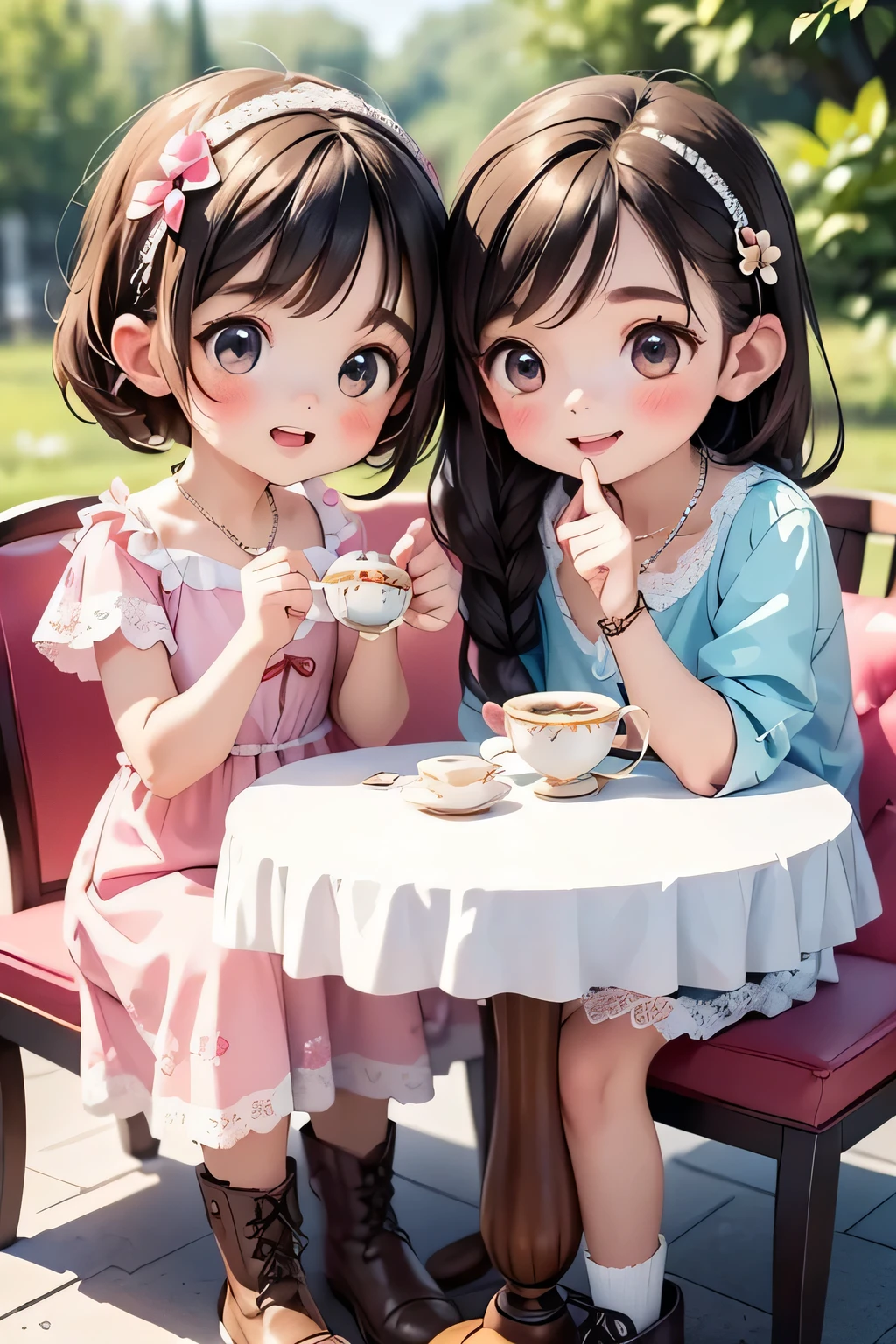 highest quality、High resolution、Detailed Background、(Beautiful face in every detail:1.4)、Anatomically correct、(Draw the usual number of fingers:1.2)、(Hide your fingers:1.3)、(Detailed facial expressions)、(Detailed eyes:1.2)、(Detailed eyes:1.2)、Teenage beauty、(Three Women)、(Highly detailed face:1.4)、Cute hair colour、Braided Ponytail、Bobcut、Braided long hair、Wavy Hairstyle、well-groomed eyebrows、Cute Eye Makeup、Cute Lip Makeup、Calm atmosphere、Happy expression、smile、Laughter、Tea time at the cafe、

(Two women enjoying tea time in a cute cafe:1.5)、

Flared silhouette dress、Camisole dress with frills and lace、
A-line dress with ribbon and flower motif、pink、Pastel Blue、Soft colors such as lavender、white、A clean base color such as beige、
Ribbon and flower hair accessories、Pearl and jewel necklaces、bracelet、
Lace bag、Pumps with ribbon、Suede or velvet short boots、
It&#39;s gorgeous but also feminine.