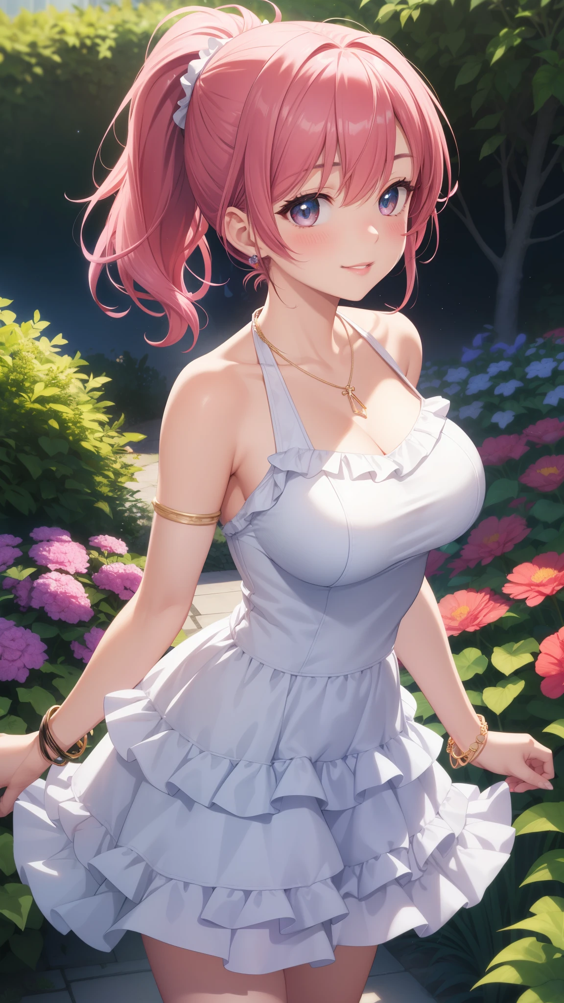 1girl, natural lighting, masterpiece, highly detailed, illustration, game CG, absurdres, high quality, aichan, large breasts, beautiful detailed eyes, medium bright pink hair, ponytail, bangs, glossy lips, light smile, blush, garden, halter top dress, bracelets, necklace, jewelry, layered skirt, ruffled skirt