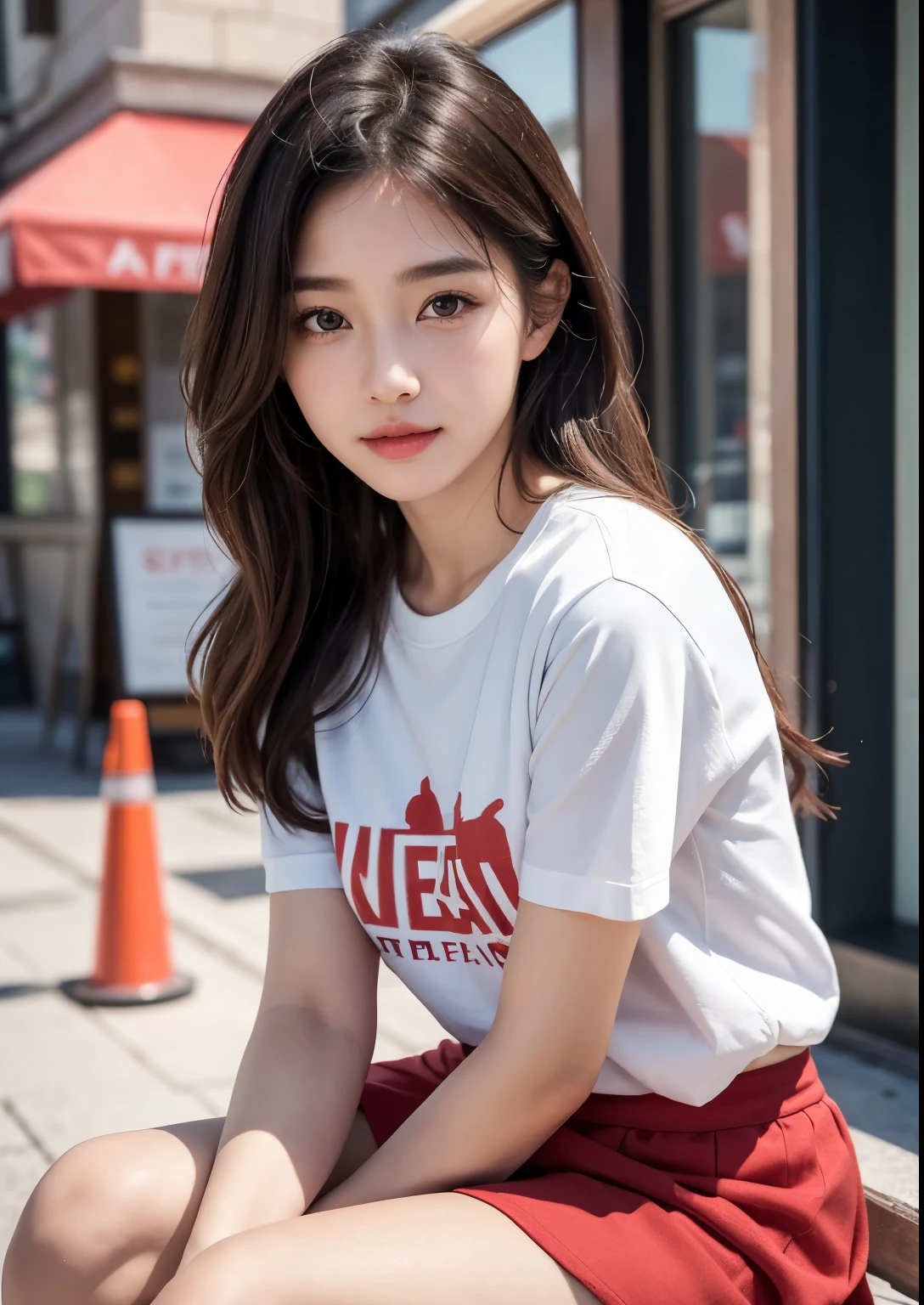 Korean most beautiful girl, sweet  girl, a cute young girl sitting in front of an ice cream shop, wearing a red t-shirt and a purple skirt above the knees, beautiful detailed eyes, beautiful detailed lips, extremely detailed face and eyes, long eyelashes, soft natural lighting, photorealistic, 8k, high quality, detailed, beautiful, kawaii, sweet, adorable, innocent, joyful, vibrant colors, warm tones, realistic skin, realistic face, realistic body 