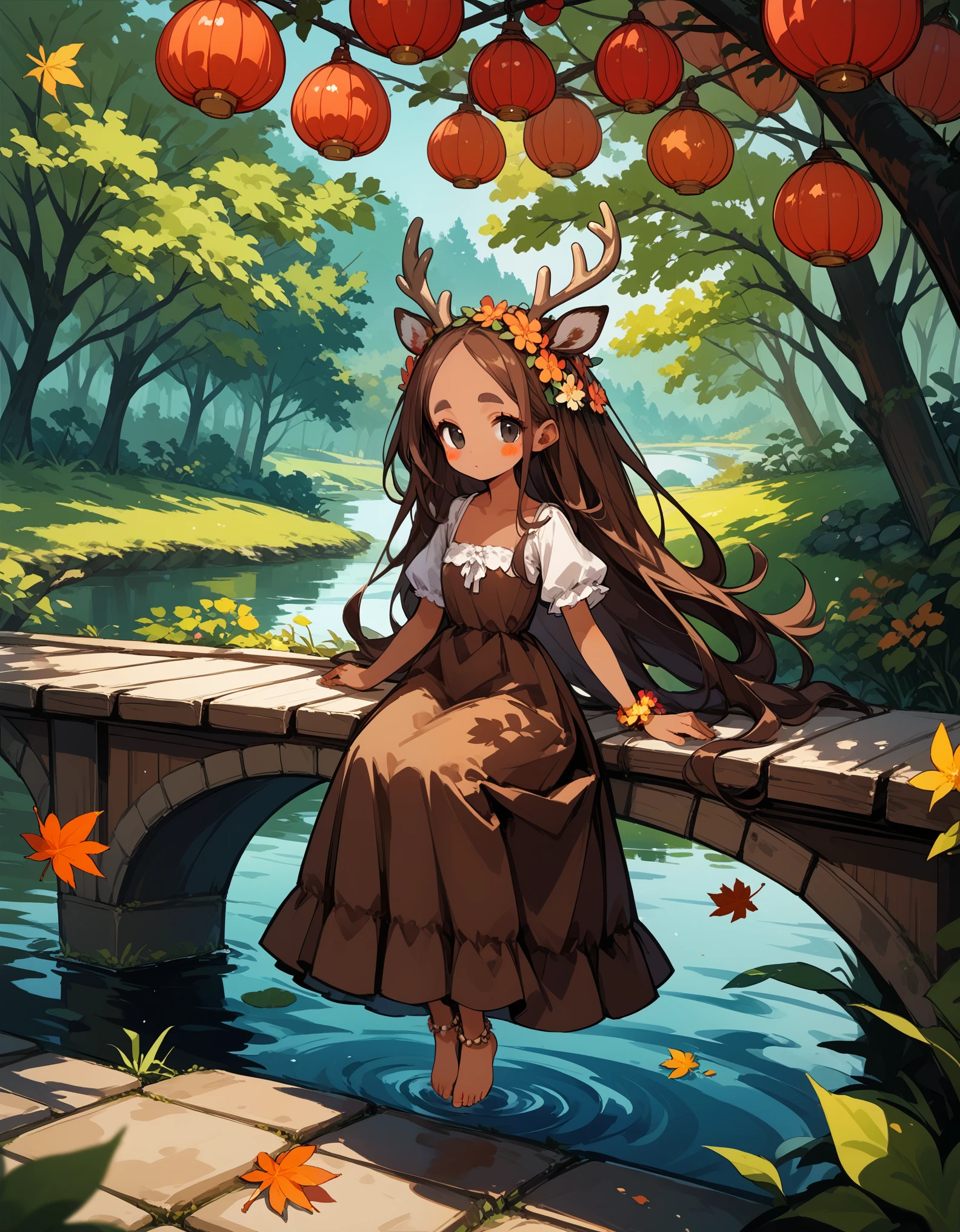 score_9, score_8_up, score_7_up, score_6_up, score_5_up,, ,, source_anime,forest,bridge,river,deer ears,tree,dappled sunlight,falling leaves,floating hair,outdoors,market stall, 1girl,solo,flat chest,rest,brown dress, very long dress,brown hair,very long hair,dark skin,dark-skinned female,narrow waist,forehead,flower anklet,barefoot,flower bracelet,black eyes,thick eyebrows,body blush,blush stickers, spoken blush,>