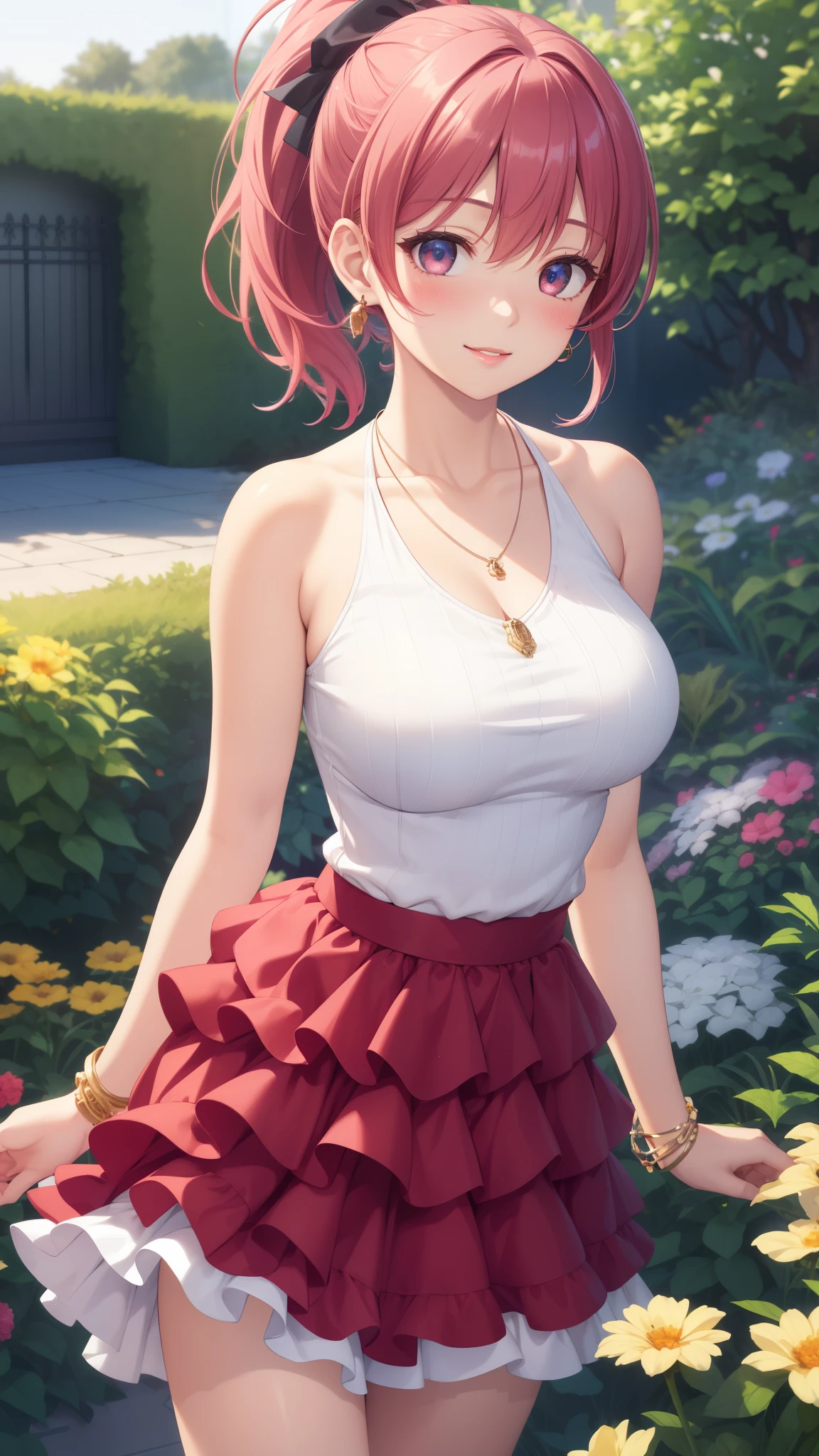 1girl, natural lighting, masterpiece, highly detailed, illustration, game CG, absurdres, high quality, aichan, large breasts, beautiful detailed eyes, medium bright pink hair, ponytail, bangs, glossy lips, light smile, blush, garden, halter top dress, bracelets, necklace, jewelry, layered skirt, ruffled skirt