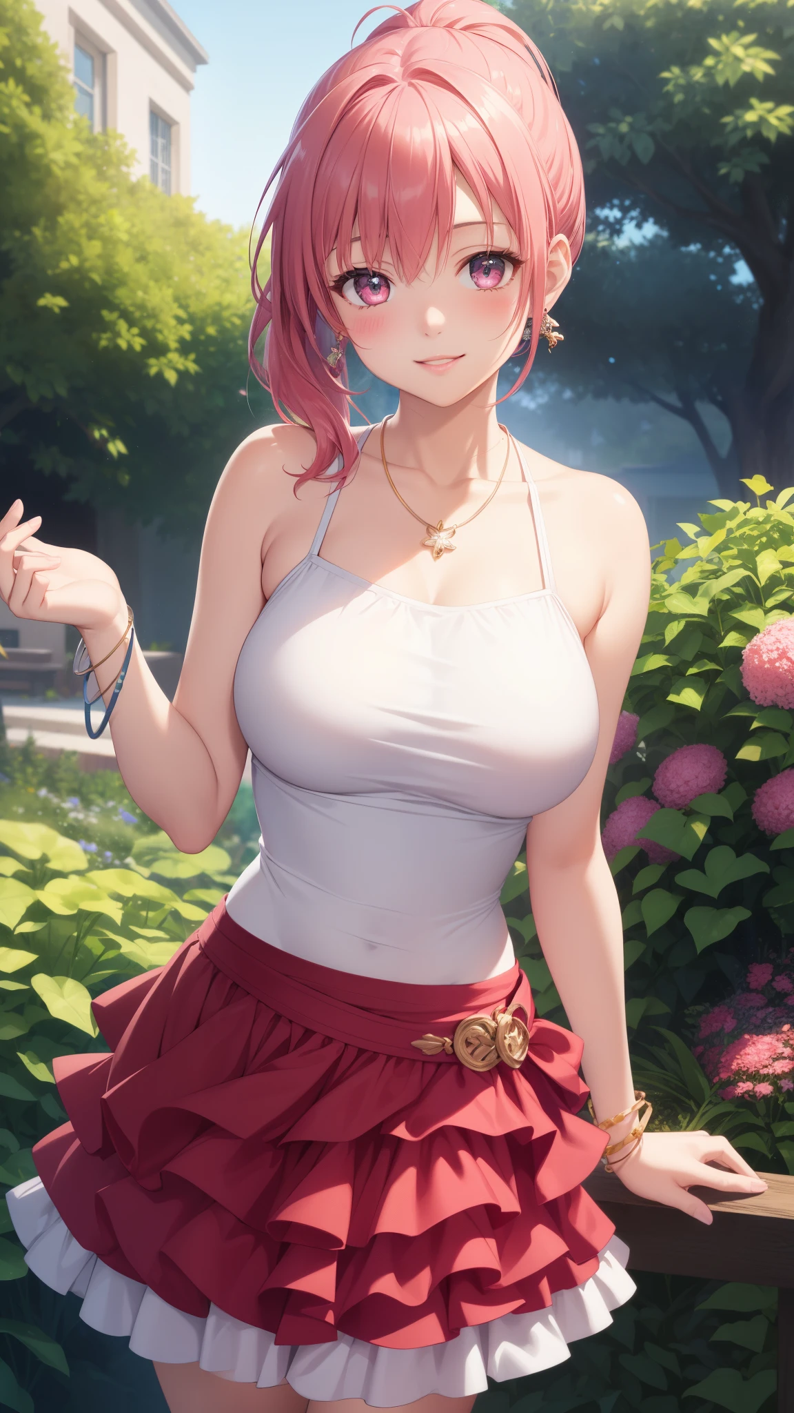 1girl, natural lighting, masterpiece, highly detailed, illustration, game CG, absurdres, high quality, aichan, large breasts, beautiful detailed eyes, medium bright pink hair, ponytail, bangs, glossy lips, light smile, blush, garden, halter top dress, bracelets, necklace, jewelry, layered skirt, ruffled skirt