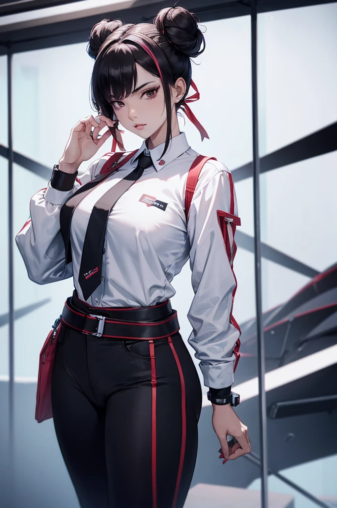  una mujer, enojada, mirando hacia el espectador, Long sleeve shirt black pants red tie,Artistic Background,High resolution 4K, ultra detallado, sombra realista ojos rojos, cabello rojo,juri han
