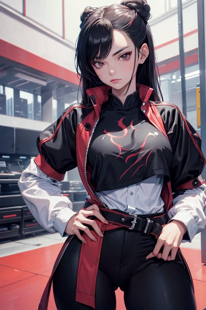  una mujer, enojada, mirando hacia el espectador, Long sleeve shirt black pants red tie,Artistic Background,High resolution 4K, ultra detallado, sombra realista ojos rojos, cabello rojo,juri han