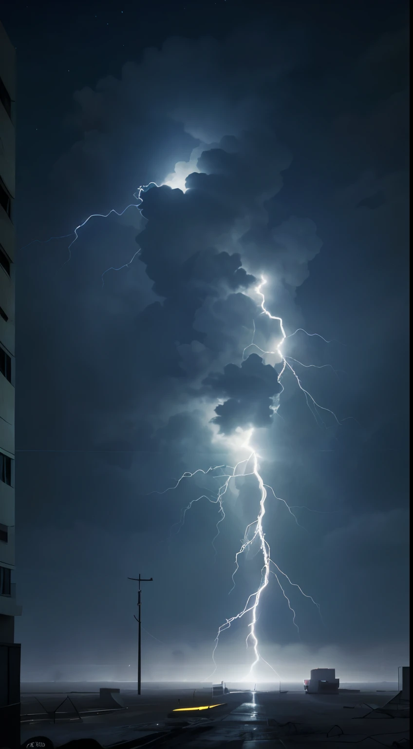 A bolt of lightning struck a residential building in the dark night,Shoot straight into the ground fog,old poster,Mysterious Psychedelic Retro,Asymmetrical composition,Lots of white space,Sci-fi psychedelic,Empty and deserted environment,