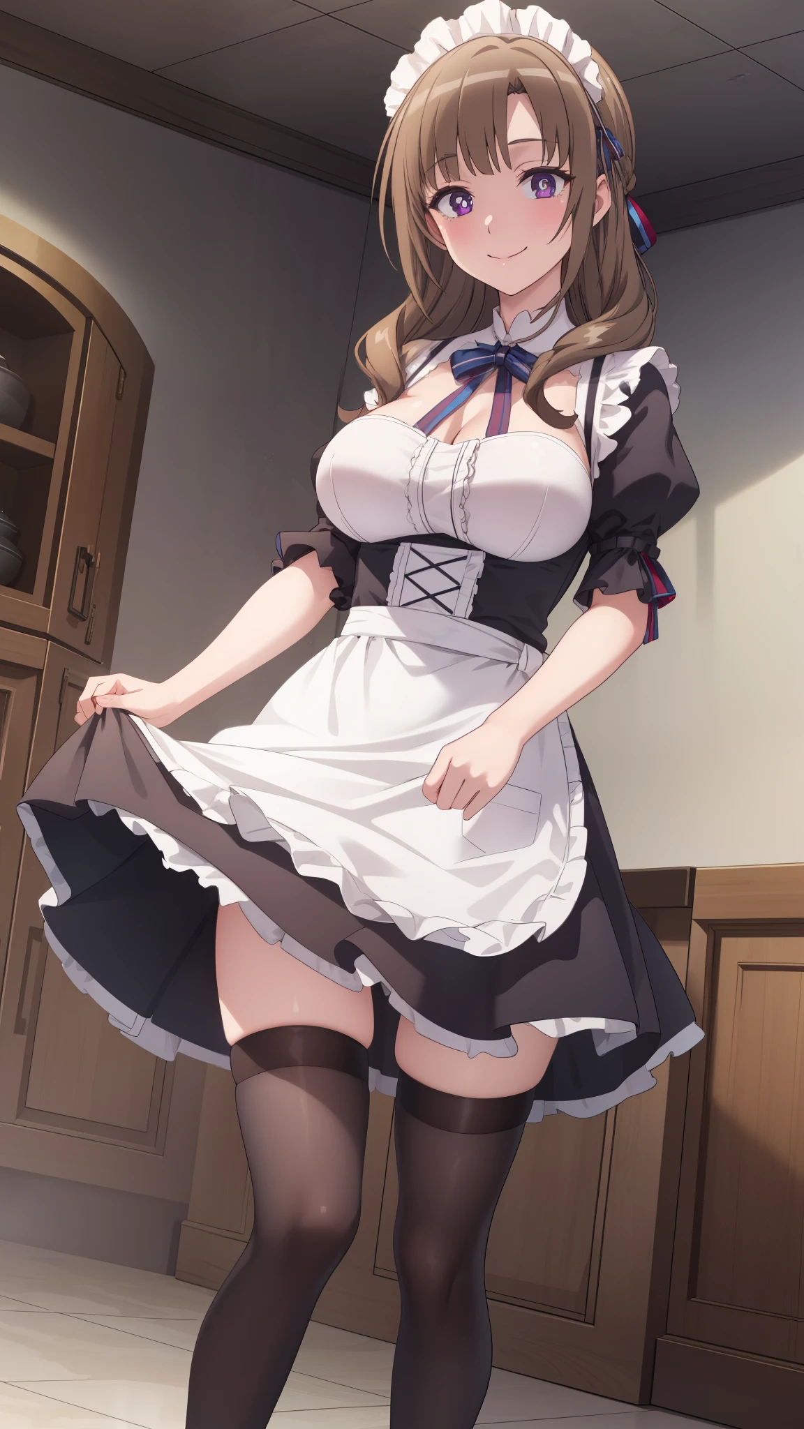 Mamako, 1girl, solo, big breasts, smile, french maid dress, frills, apron, thigh highs, perfect quality, good quality, masterpiece, HDR, UHD, beautiful detailed eyes, high resolution, game cg, illustration, highly detailed, masterpiece, maid cafe