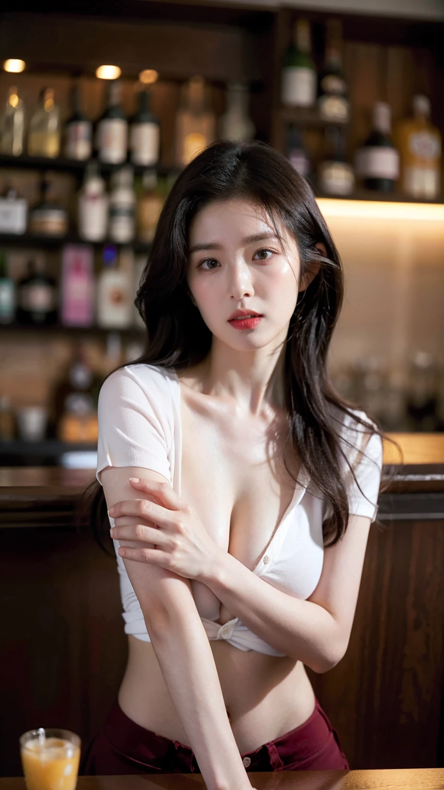 ((1girl)), in naked, instant camera flash, makeup with glossy lip, small breasts, (naked), various angle, ((face focus)), 26 years old, Beautiful Japanese Girl, (nsfw:1.4), realistic light, realistic skin tone, (lift her shirt to show her naked breast:1.4), (in the bar:1.4)