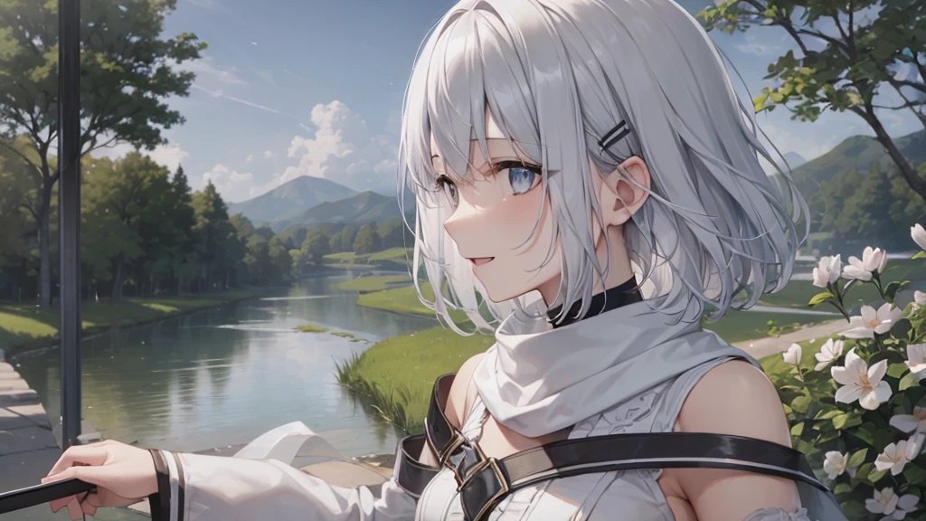 Her eyes were shining、Mysterious and enchanting atmosphere。With AI Painting、とてもShort Hair, Long bangs between the eyes, Grey Eyes , Very detailed,(masterpiece、highest quality)、alone、Gray Hair、Fantasy, Silver Hair, Beautiful Eyes,Ecstasy, charm, attract the audience, Fantasyな風景、White shirt、smile、Open your mouth、Scarf、short hair、Short Hair、Flower Field、hairpin、Dark Eyes