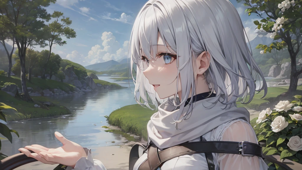 Her eyes were shining、Mysterious and enchanting atmosphere。With AI Painting、とてもShort Hair, Long bangs between the eyes, Grey Eyes , Very detailed,(masterpiece、highest quality)、alone、Gray Hair、Fantasy, Silver Hair, Beautiful Eyes,Ecstasy, charm, attract the audience, Fantasyな風景、White shirt、smile、Open your mouth、Scarf、short hair、Short Hair、Flower Field、hairpin、Dark Eyes