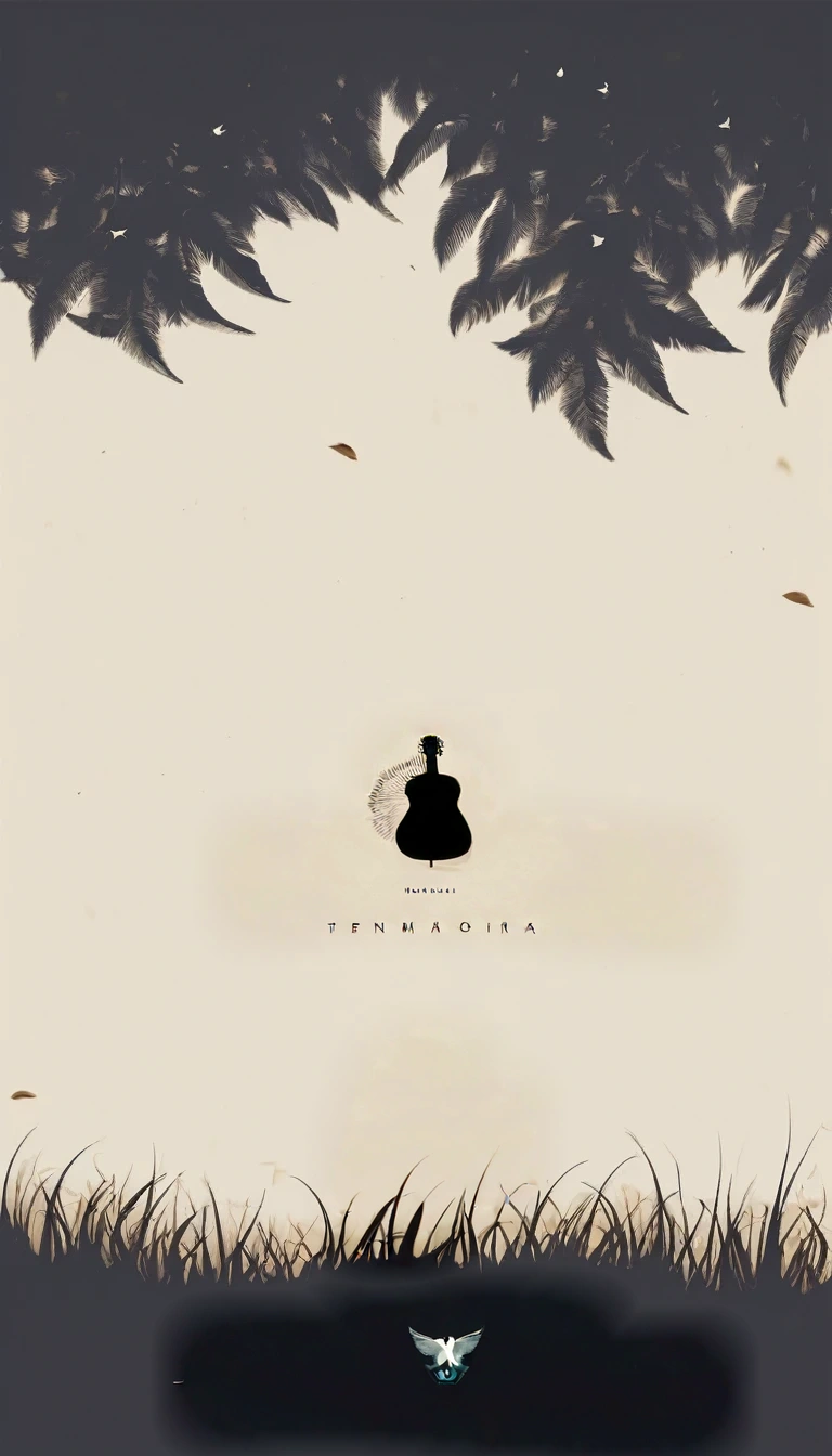 A minimal, modern, simple, cinematic logotype for the brand “Penamemoria". The logotype must be a simple, magical feather and a boy playing acoustic guitar. The logo must convey a sense of music, stories and dreams. Logo design impressed on a book cover. Minimalistic logo