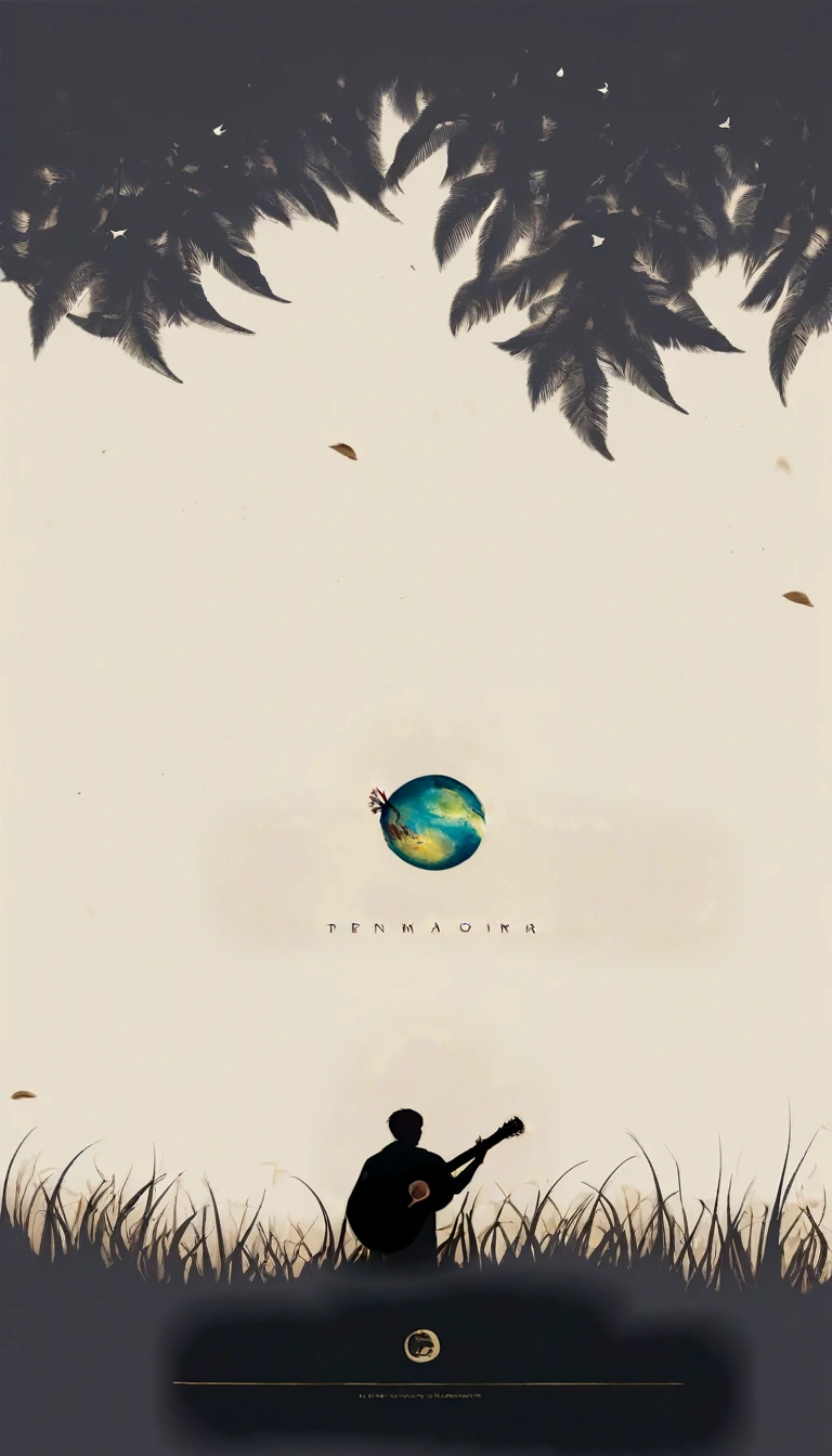 A minimal, modern, simple, cinematic logotype for the brand “Penamemoria". The logotype must be a simple, magical feather and a boy playing acoustic guitar. The logo must convey a sense of music, stories and dreams. Logo design impressed on a book cover. Minimalistic logo