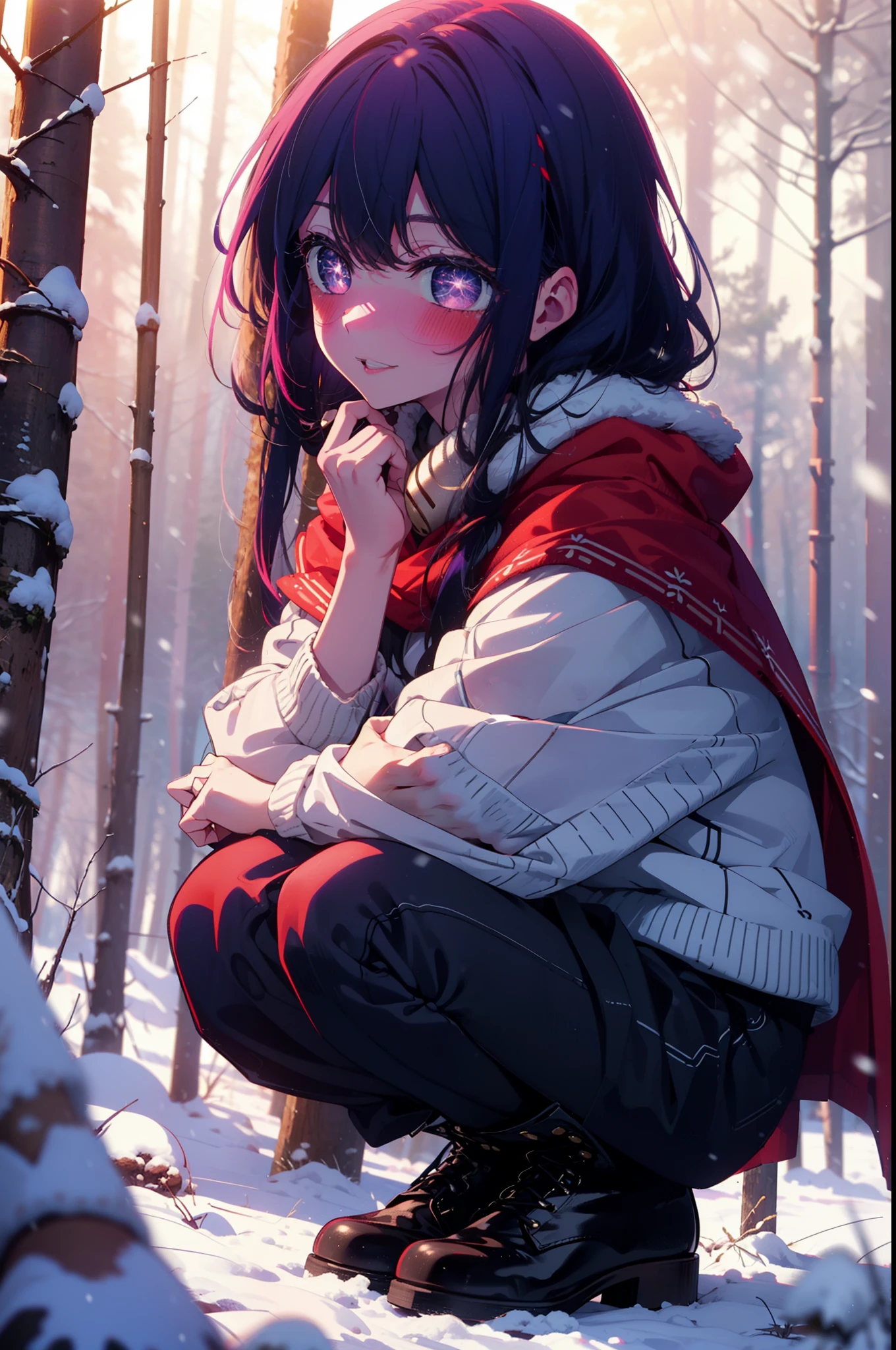 aihoshino, Ai Hoshino, Long Hair, bangs, (Purple eyes:1.1), Purple Hair, (Symbol-shaped pupil:1.5), smile,,smile,blush,White Breath,
Open your mouth,snow,Ground bonfire, Outdoor, boots, snowing, From the side, wood, suitcase, Cape, Blurred, , forest, White handbag, nature, Squat, Mouth closed, Cape, winter, Written boundary depth, Black shoes, red Cape break looking at viewer, Upper Body, whole body, break Outdoor, forest, nature, break (masterpiece:1.2), highest quality, High resolution, unity 8k wallpaper, (shape:0.8), (Beautiful and beautiful eyes:1.6), Highly detailed face, Perfect lighting, Highly detailed CG, (Perfect hands, Perfect Anatomy),