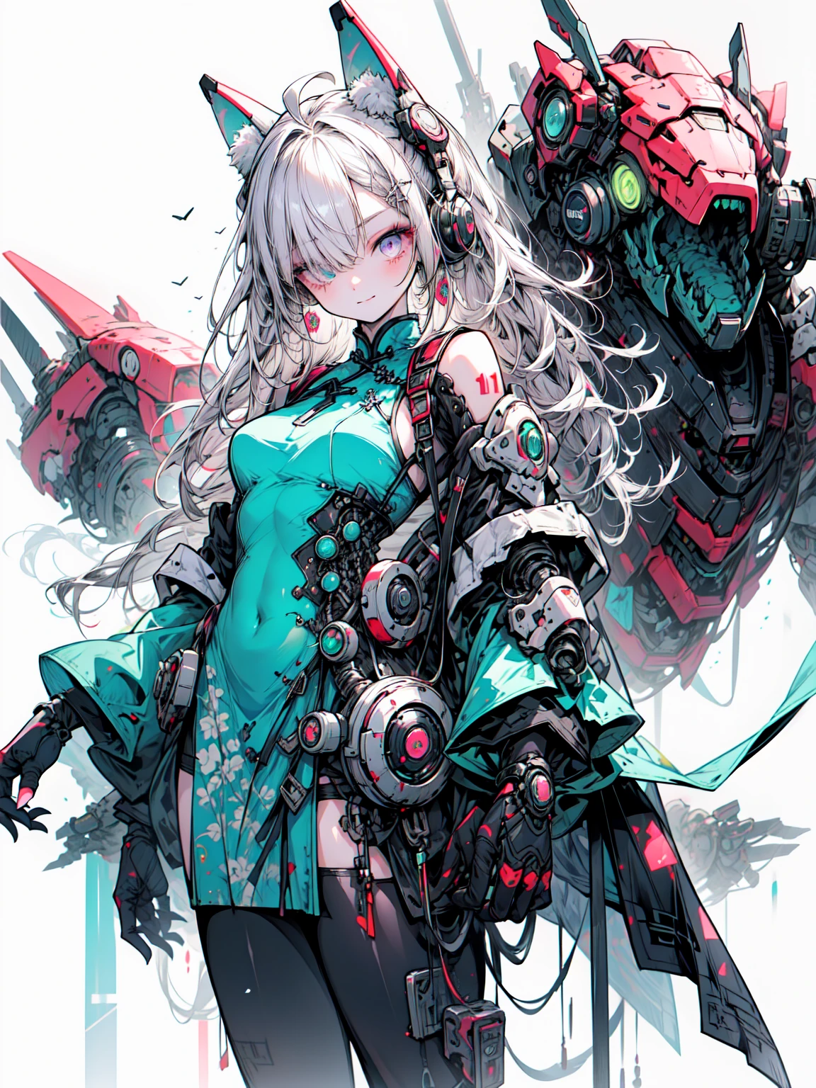 (Flat Color),colorful,(masterpiece:1,2), highest quality, masterpiece, High resolution, original, Very detailedな壁紙, View Viewer, (White Background), Detailed face, (intricate Mecha bodystocking), masterpiece, highest quality, jiangshi, GreenWhite skin, Purple eyes, Expressionless, Mechanical tentacles, Mecha, cyber punk, wearing Mechanical armor suit, sf, green, earphone, (LED lights decoration),Slime,Have,
[neon palette, Neon Light, wire, Transmission Tube, Electrical, Energetic],
Chinese clothing, China dress,
[[skull, Skeleton, External Skeleton]],
Cowboy Shot, Girl Focus,head band,Good, Blake、Very detailed (Dark Elf), (1 girl), alone, Perfect Face, detailed, Ahoge, ((Long Hair:1.2)), (Hair above one eye:1.3), [[Messy Hair]], Shiny blonde white hair, Purple eyes, Variegated eyes, Colorful hair, Shining Eyes, Bright Eyes, Face imprint, (eyelash, eye shadow, pink eye shadow), smile, design art by Mikimoto Haruhiko, by Kawashi, By Yoshitaka Amano,BREAK、 ((Perfect Anatomy)), Nice body, Big Breasts、(Very detailed指), Best Hand, Perfect Face,(Perfect Fingers), Correct Anatomy,