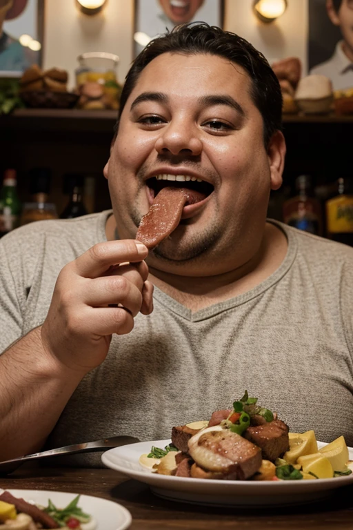 Create a high-quality, surreal, and realistic image of a very fat man with a funny face, hungrily eating meat with his hands. The setting should be fun and colorful, with a humorous and exaggerated caricature style. Pay close attention to details like the texture of the meat, the man's joyful and carefree expression, and the vibrant, lively atmosphere to ensure an engaging and entertaining image. The overall atmosphere should be warm, fun, and celebratory, emphasizing the pleasure of enjoying delicious food