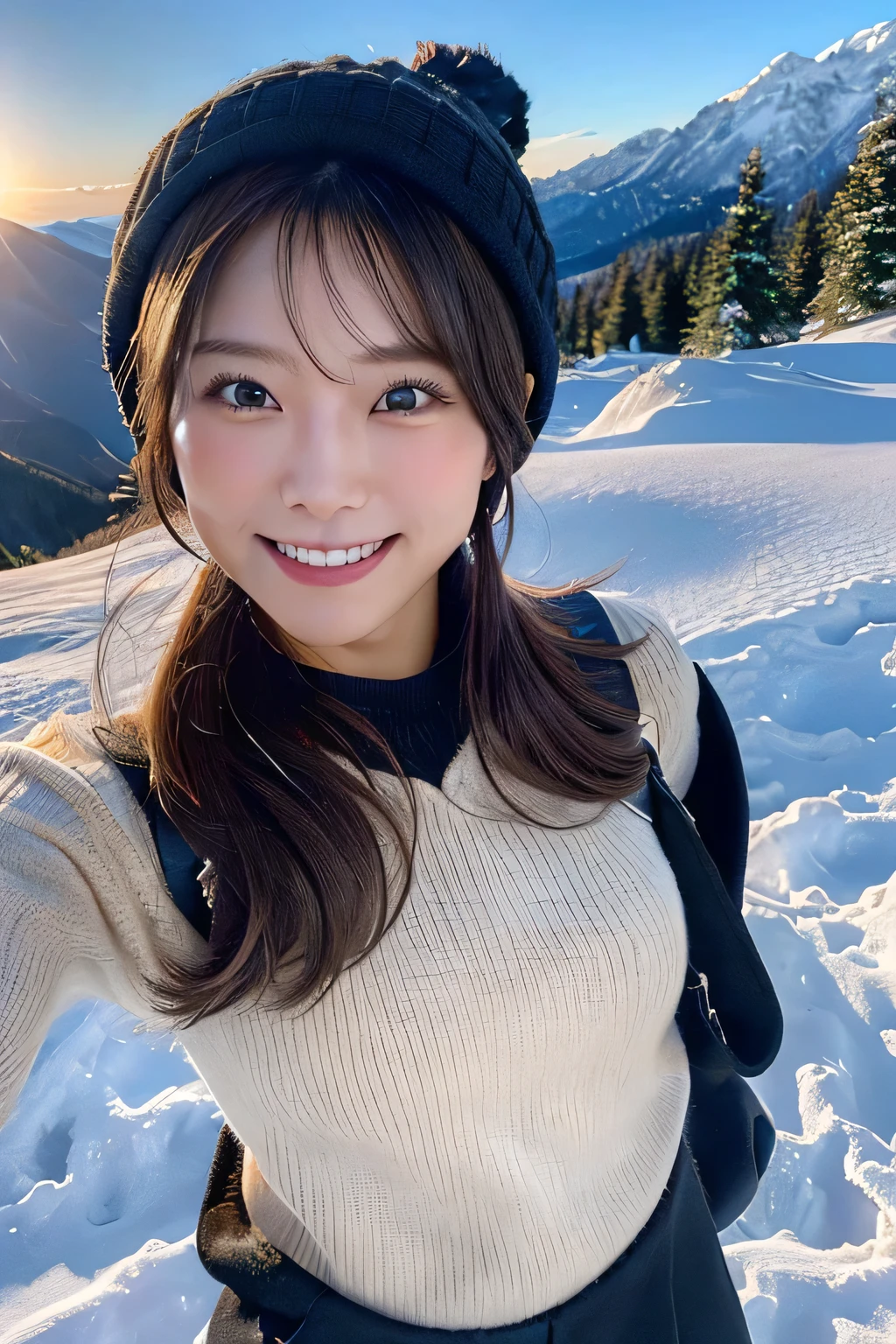 (Upper body selfie:1.3),Winter climbing,With a spectacular view from the summit,Beautiful sunrise,Remove the beam from above,Backlight,Generate images of beautiful women from around the world,Especially while reflecting elements of Western beauty.A woman with a natural smile and attractive facial expression,A woman with a natural smile and attractive facial expression,Clear Skin,Eyes sparkling,Expresses an elegant atmosphere,,alone, Backpack,Knitted hat,sweater,gloves,Mountain boots,Water bottle,Camping stove,kettle,Mug,One-person tent,A strong wind is blowing,Blizzard,Hair blowing in the storm,(8K quality,Tabletop,highest quality,Ultra-high resolution output images,),(Highly detailed RAW photos:1.3),(Picture Mode Ultra HD),